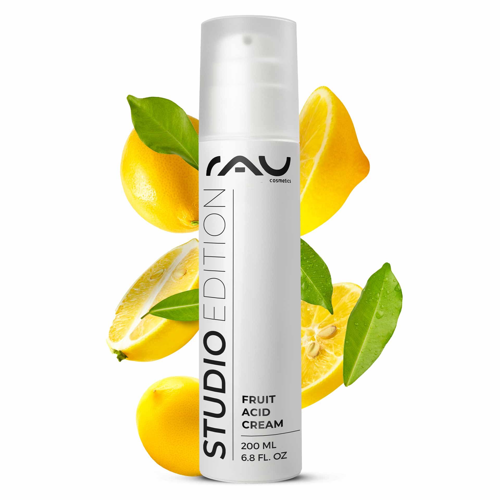 RAU Cosmetics Fruchtsäurecreme, 200-ml-Verpackung mit Zitronenscheiben und grünen Blättern, die die Peeling-Eigenschaften und die Vorteile für die Hautpflege hervorheben.