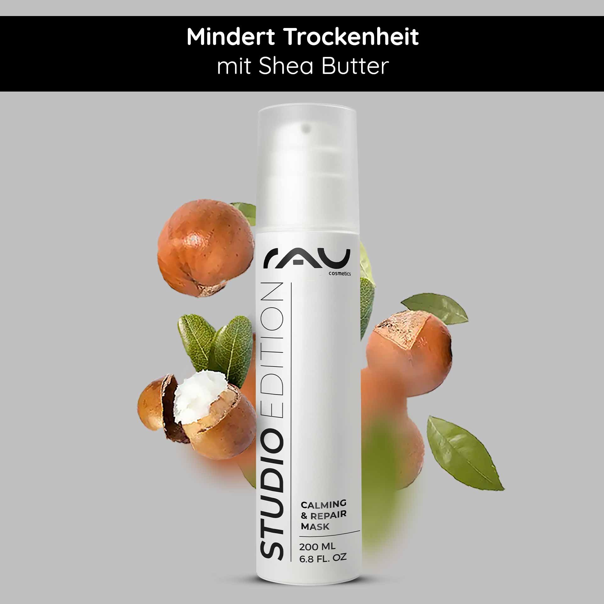 RAU Cosmetics Calming & Repair Mask 200 ml mit Sheabutter, umgeben von Sheanüssen und -blättern, betont die Feuchtigkeitsversorgung und die hautberuhigenden Eigenschaften.