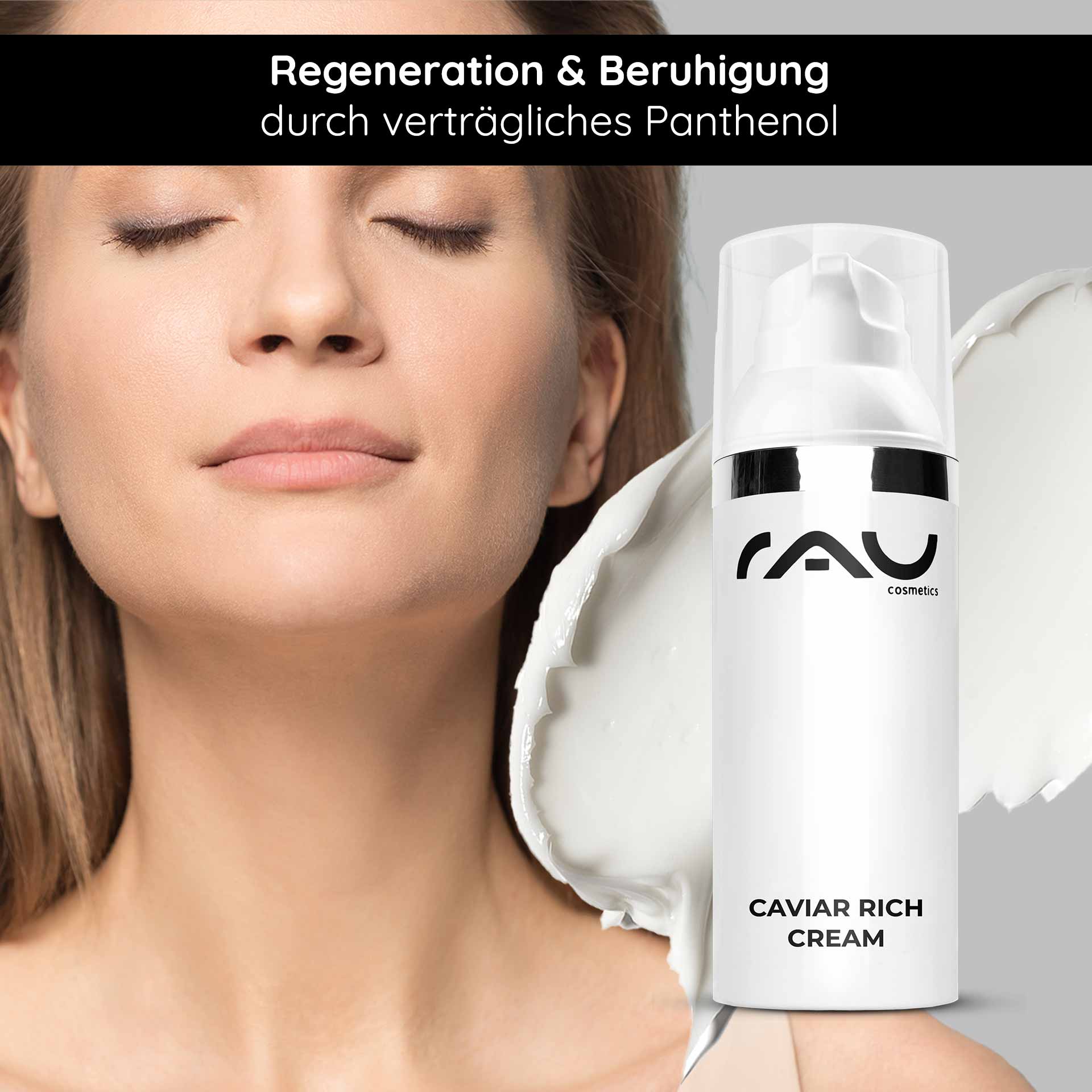 Caviar Rich Cream 50 ml Reichhaltige Anti Aging Creme Frau mit geschlossenen Augen, die Caviar Rich Cream von RAU Cosmetics hält, mit Fokus auf regenerierende und beruhigende Inhaltsstoffe wie Panthenol.