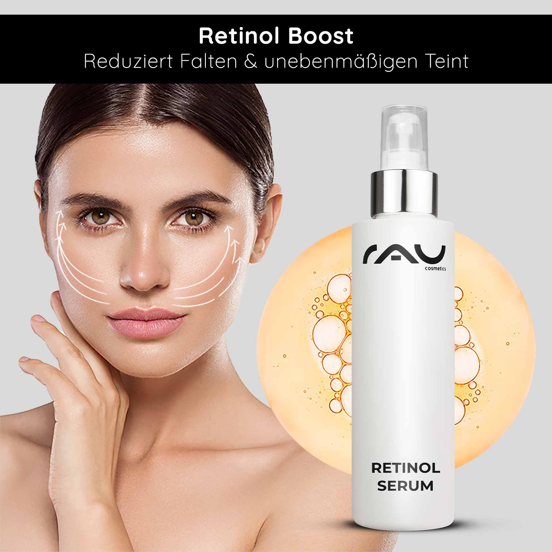Faltenreduzierung: Das Retinol Serum hilft bei der Milderung von Linien und sorgt für ein ebenmäßigeres Hautbild.