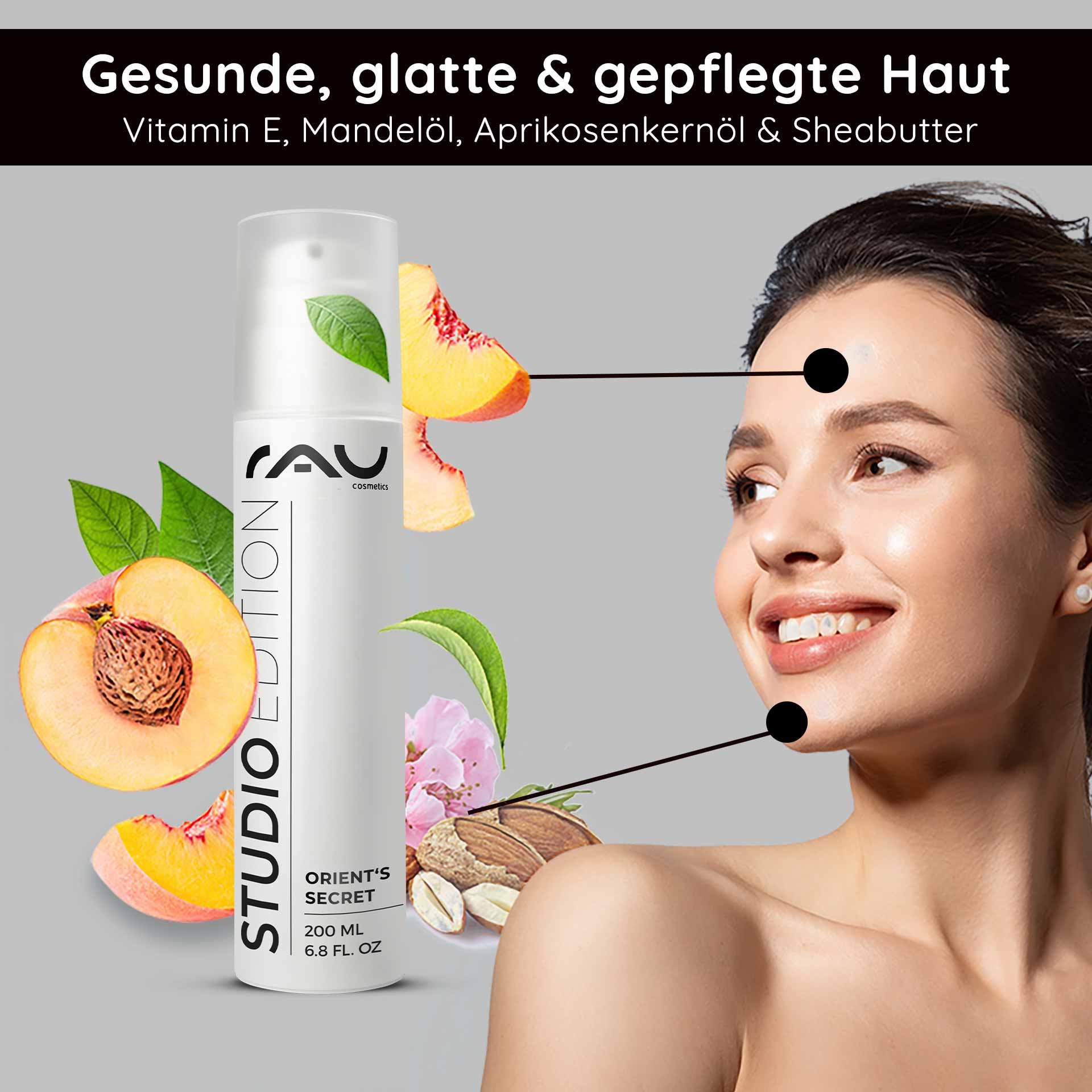 Flasche der Gesichtscreme Orient‘s Secret von RAU Cosmetics mit Pfirsich- und Mandelabbildungen, die die Vorteile für gesunde, glatte Haut mit Vitamin E, Mandelöl, Aprikosenkernöl und Sheabutter hervorheben.