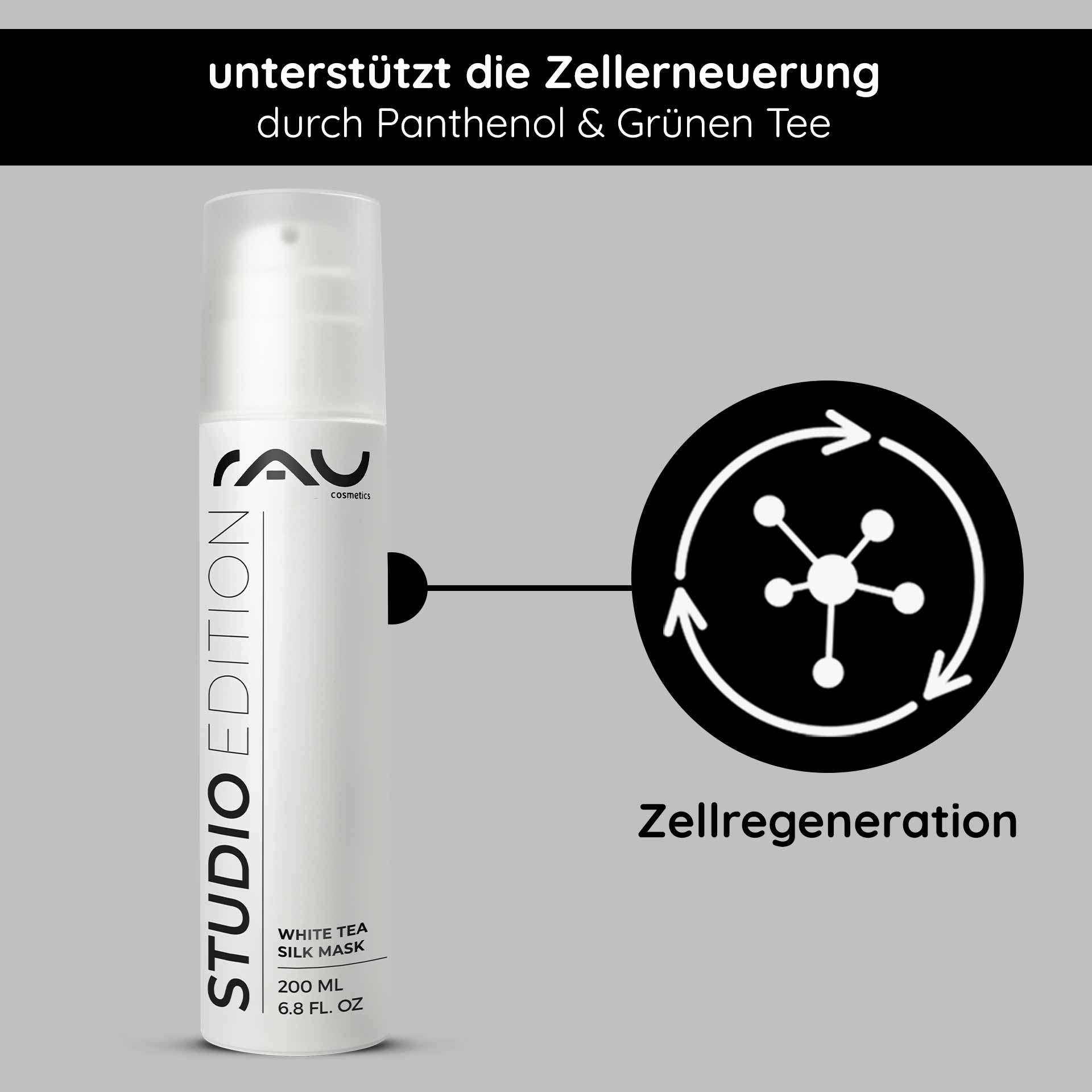 White Tea Silk Mask 200 ml Reichhaltige Creme & Maske RAU White Tea Silk Mask, 200-ml-Flasche mit Text, der die durch Panthenol und grünen Tee unterstützte Zellregeneration hervorhebt, auf grauem Hintergrund.