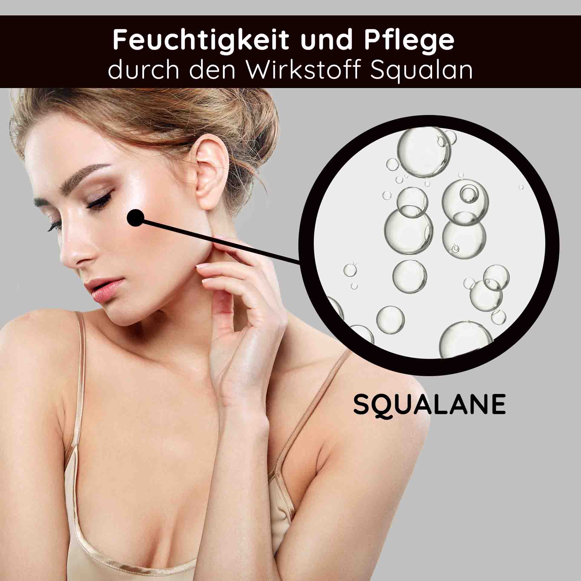 Hyaluron Luxury Cream with 23k Gold 50 ml Anti Age Creme Frau mit strahlender Haut, Squalan-Elemente hervorgehoben, betont Feuchtigkeit und Pflege, passend zur RAU Cosmetics Hyaluron Luxury Cream.
