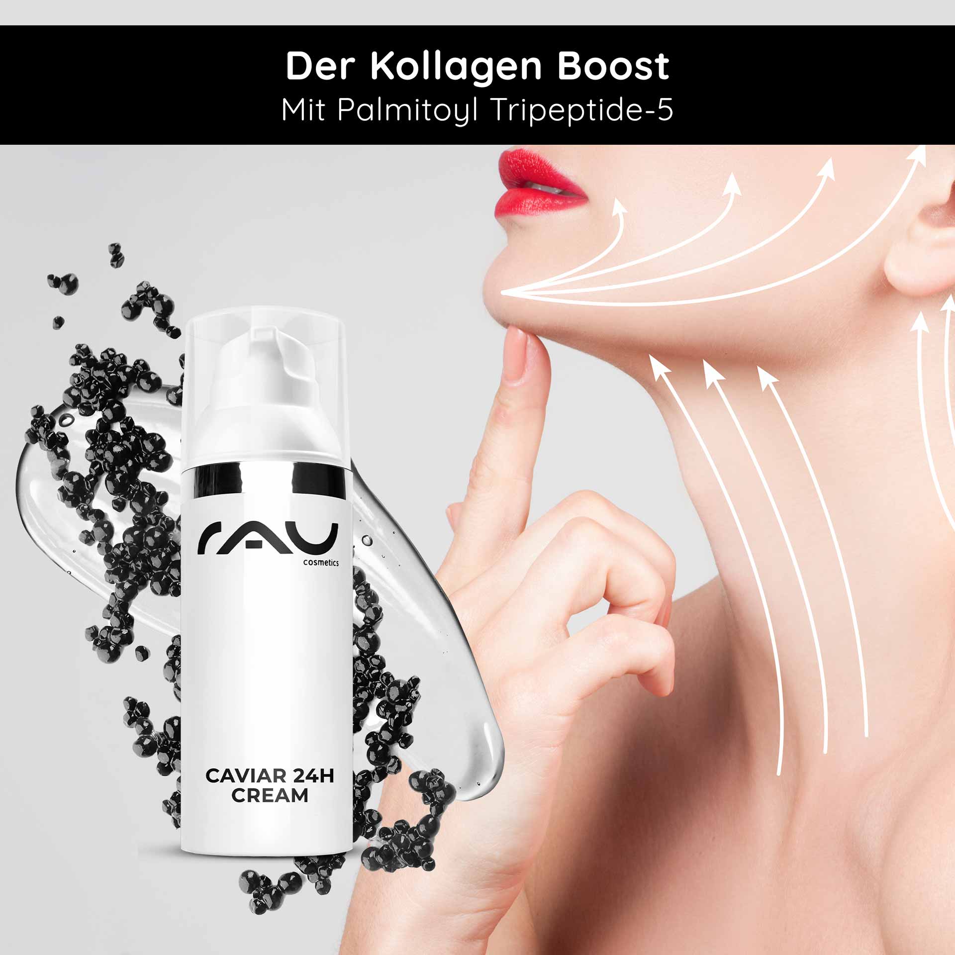 Caviar 24h Cream 50 ml Hautpflege mit Caviar Extrakt Caviar 24h Cream von RAU Cosmetics mit Palmitoyl Tripeptide-5, mit Schwerpunkt auf Kollagen-Boost und feuchtigkeitsspendender Wirkung, gezeigt wird ein Model, das Creme auf ihren Hals aufträgt.