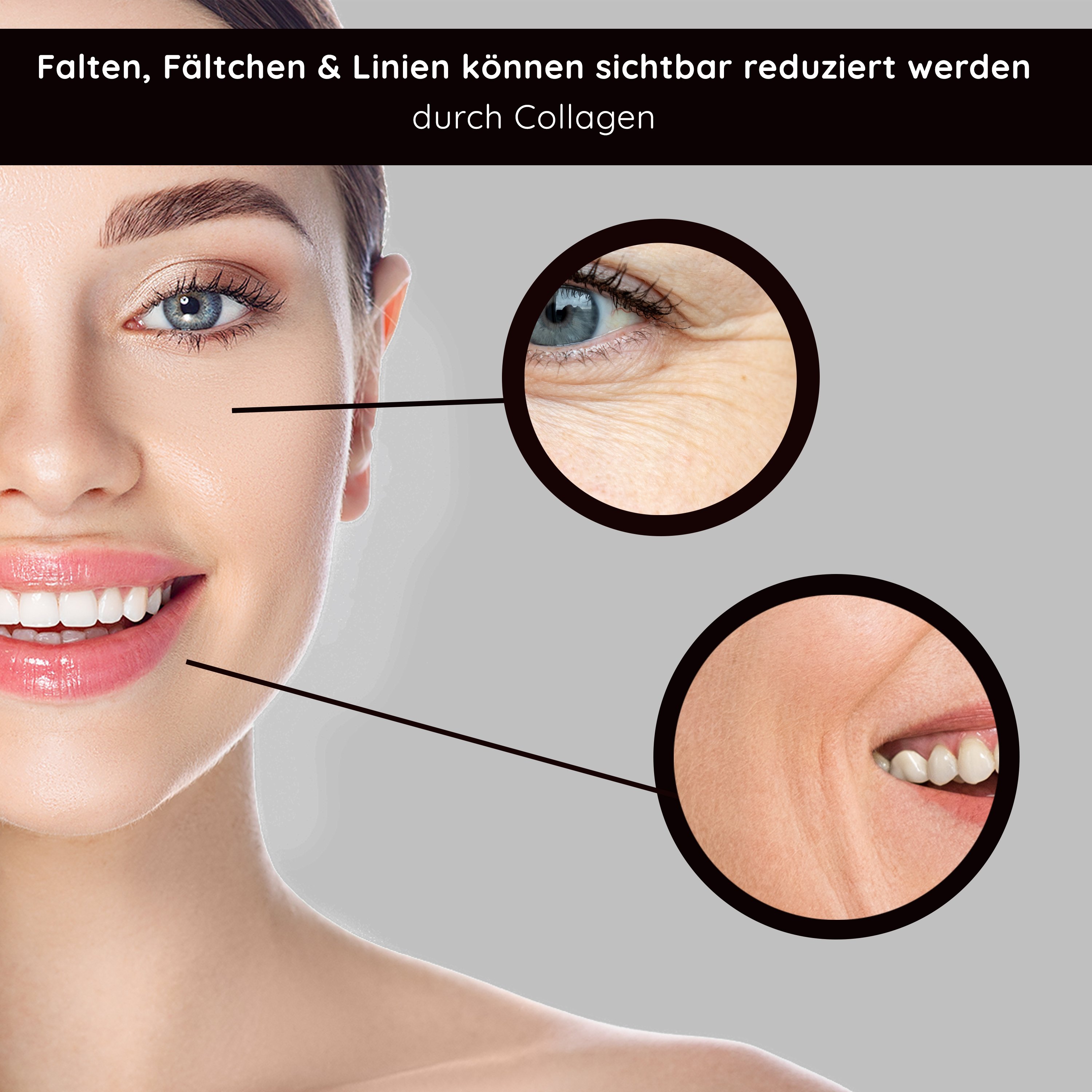 Porträt einer Frau, die die verjüngende Wirkung des RAU Cosmetics Collagen Serums mit Trylagen präsentiert.