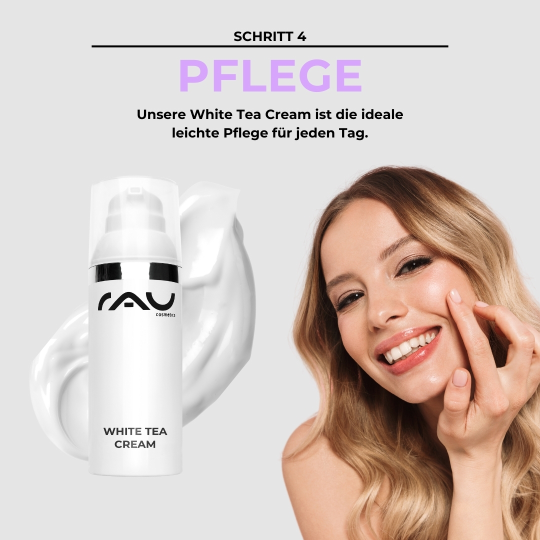 Advanced care routine for normal skin White Tea Cream von RAU Cosmetics mit einer lächelnden Frau, die sie auf ihr Gesicht aufträgt und die Hautpflegeroutine für normale Haut betont.