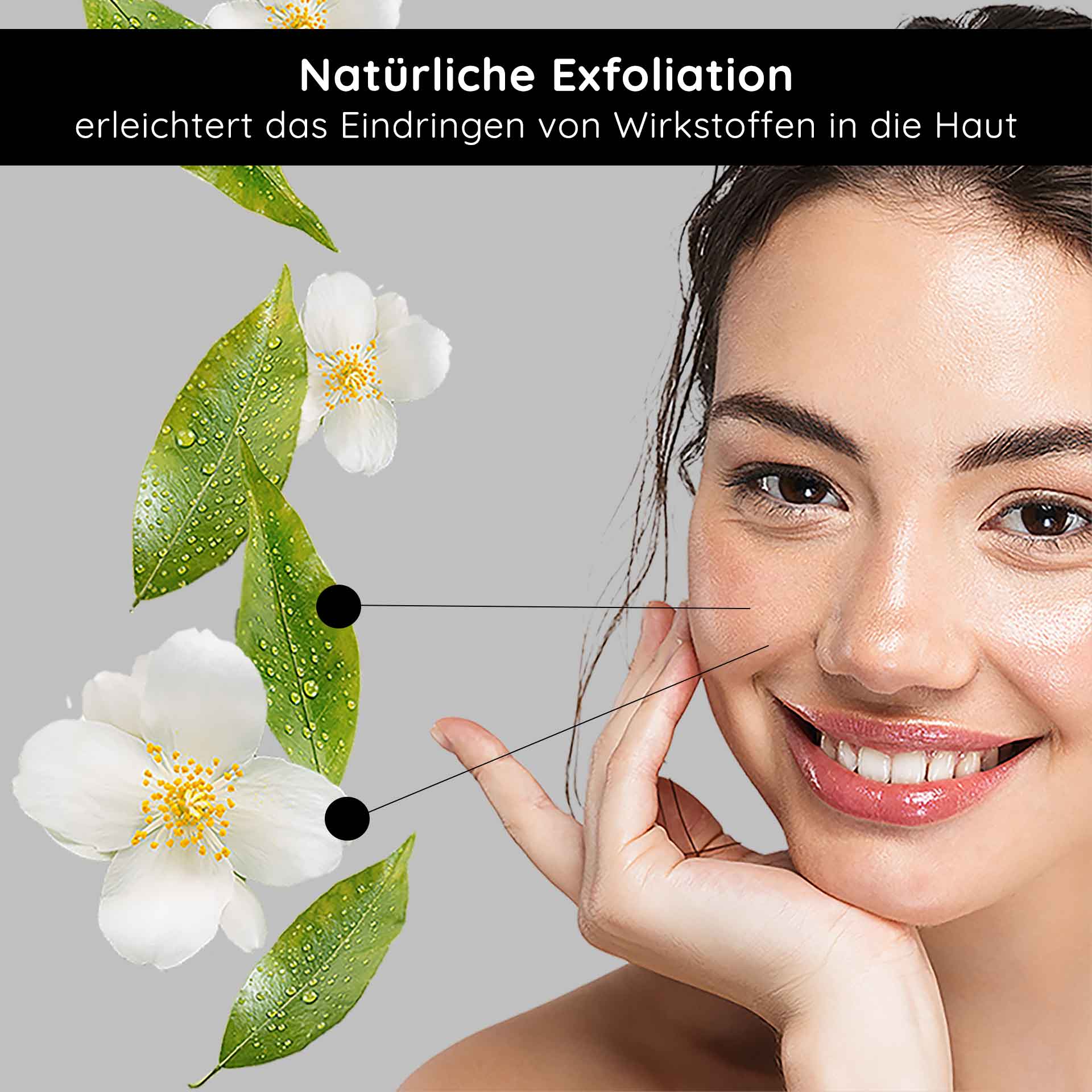 AHA Gesichtswasser: Anti-Aging mit Fruchtsäure & weißem Tee Natürliche Exfoliation mit Blüten und Blättern, Gesicht einer Frau mit strahlender Haut, betont die Vorteile des RAU AHA Tonic für die Hautpflege.
