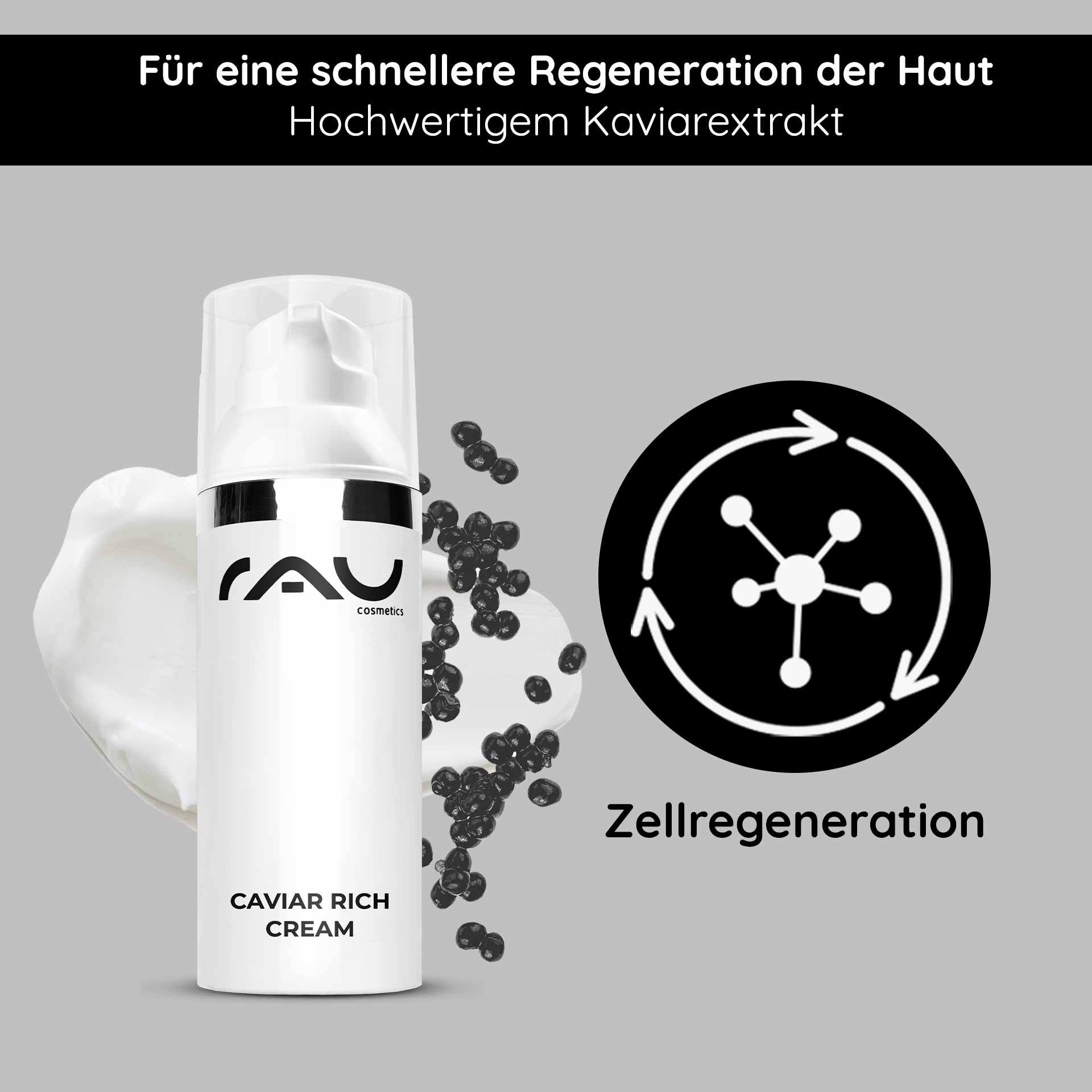 Caviar Rich Cream 50 ml Reichhaltige Anti Aging Creme Verpackung der RAU Cosmetics Caviar Rich Cream mit Kaviarextrakt, die die Hautregeneration und Anti-Aging-Vorteile betont und über eine Cremetextur und Markenelemente verfügt.