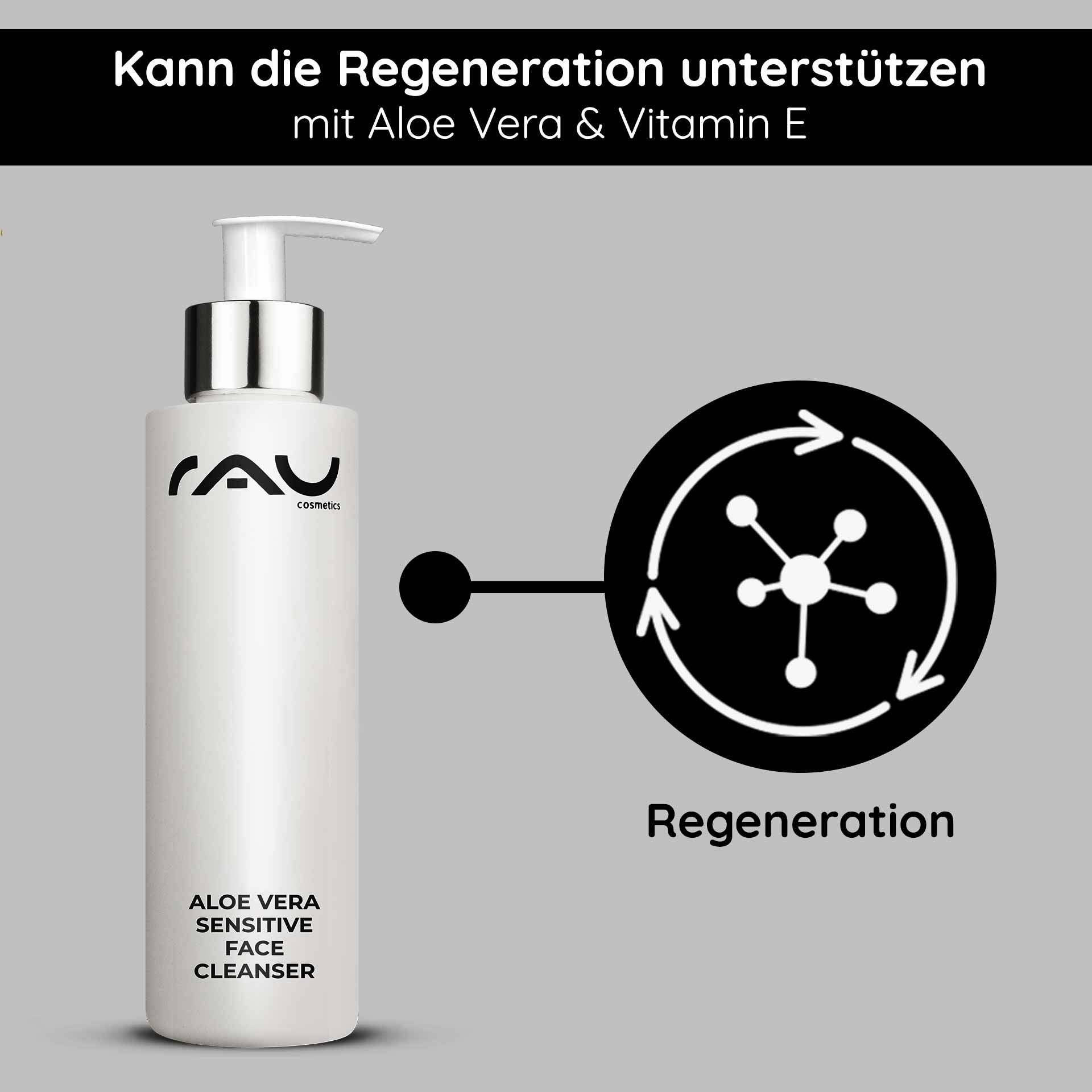 Aloe Vera Sensitive Face Cleanser 200 ml Reiniger  Flasche mit Pumpe des Aloe Vera Sensitive Face Cleanser von RAU Cosmetics mit Text, der die Regenerationsunterstützung mit Aloe Vera und Vitamin E hervorhebt.