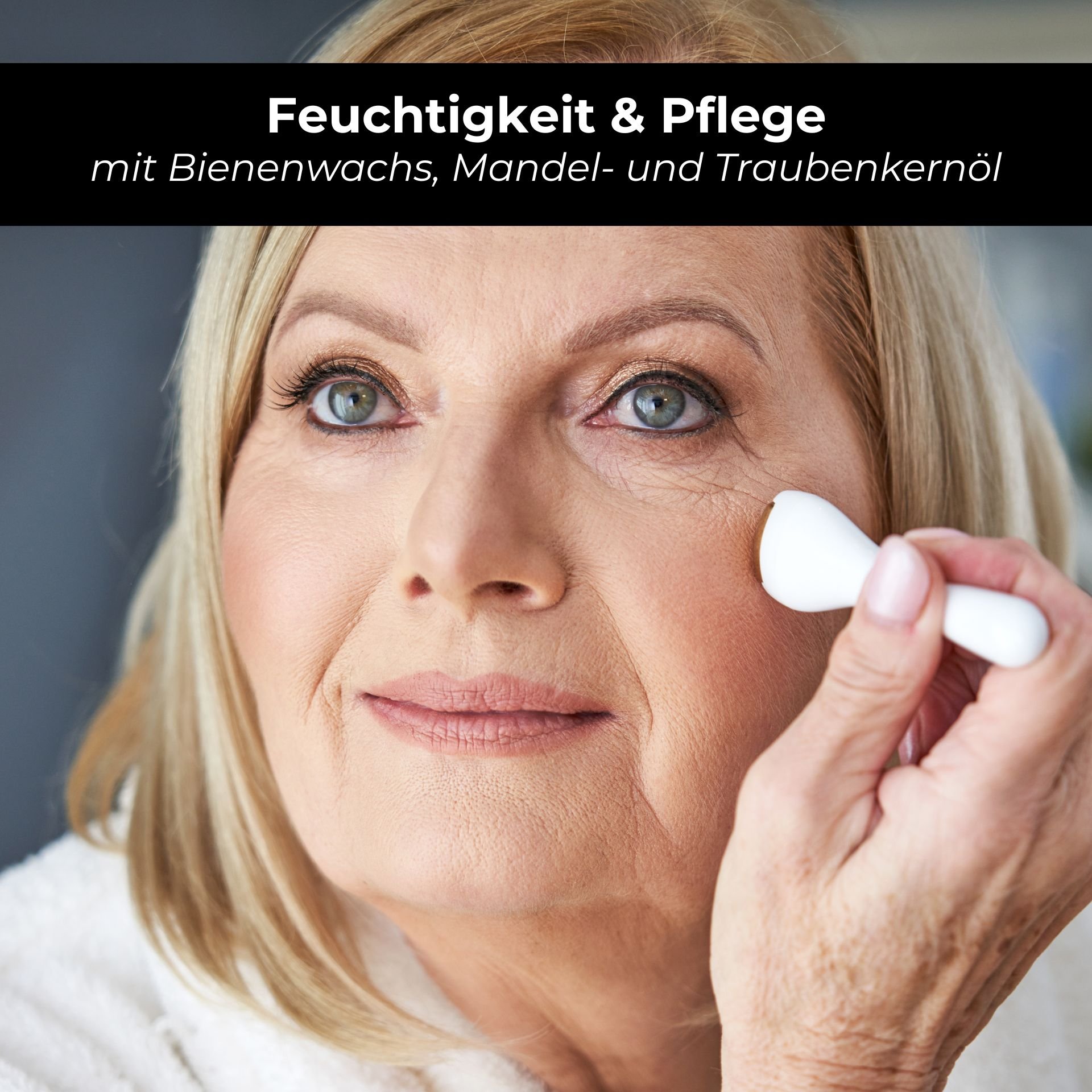 Woman with blonde hair gently applying BB cream to her cheek, emphasizing moisture and care with beeswax, almond, and grape seed oil, matching RAU BB Cream Perfect Care Bronze.