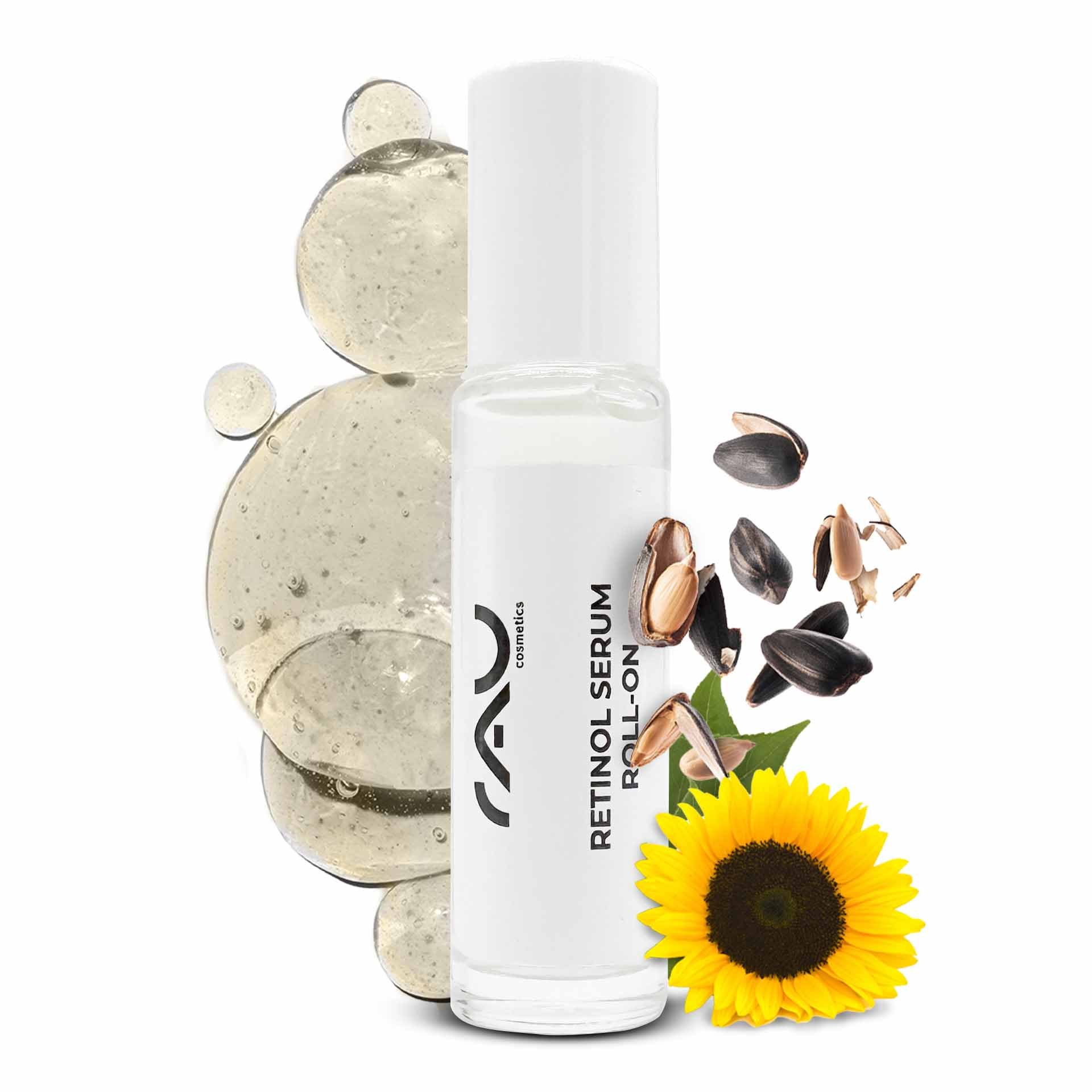 Retinol Serum Roll-On von RAU Cosmetics mit Sonnenblumenkernen und -samen, mit gelartiger Textur, entwickelt zur Verbesserung der Hautelastizität und Feuchtigkeitsversorgung.