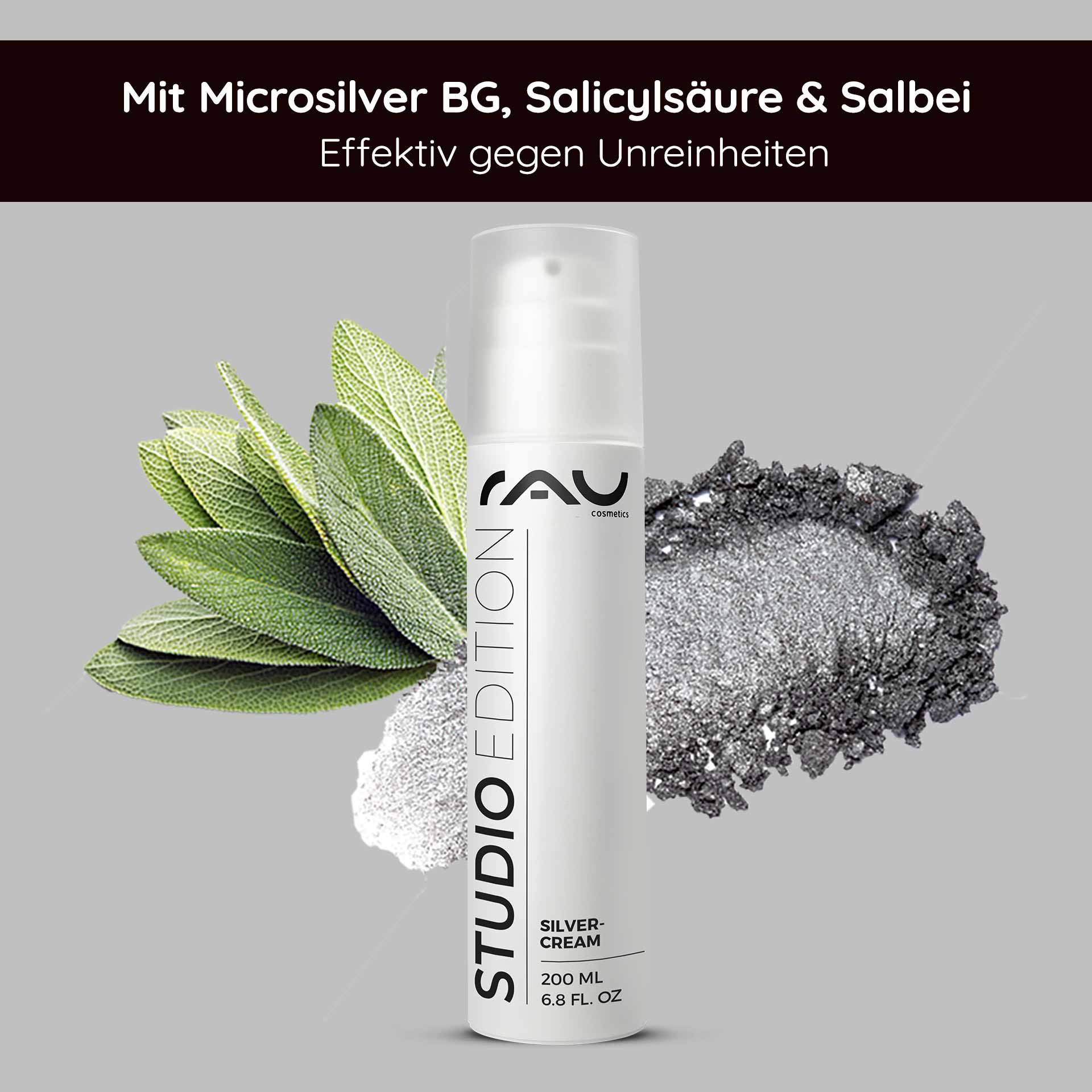 Silvercream 200 ml für unreine Haut mit Mikrosilber - STUDIO EDITION RAU Cosmetics Silvercream 200 ml für unreine Haut mit Mikrosilber, Salicylsäure und Salbei, mit Hinweis auf die Wirksamkeit gegen Hautunreinheiten.