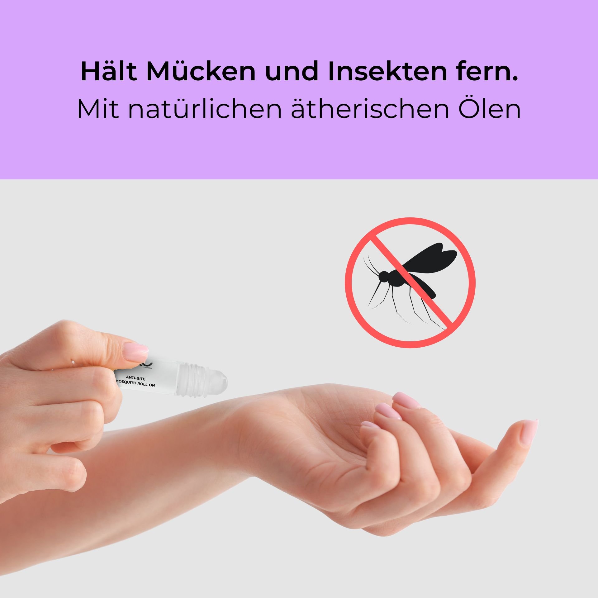 Anti-Bite-Mosquito-Roll-On zur Anwendung am Handgelenk mit natürlichen ätherischen Ölen zum Schutz vor Insekten, ohne Mückensymbol im Hintergrund.