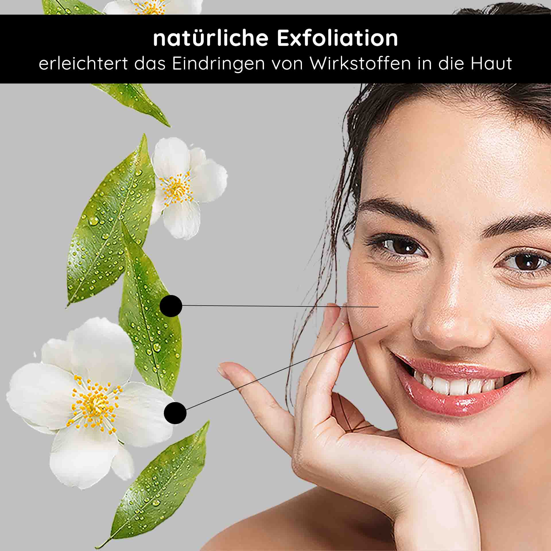 AHA Tonic 200 ml - Toner mit Anti Aging Effekt Frau mit strahlendem Gesicht, lächelnd und berührt ihre Wange, umgeben von weißen Blüten und grünen Blättern, symbolisiert natürliche Exfoliation und Hautpflege.