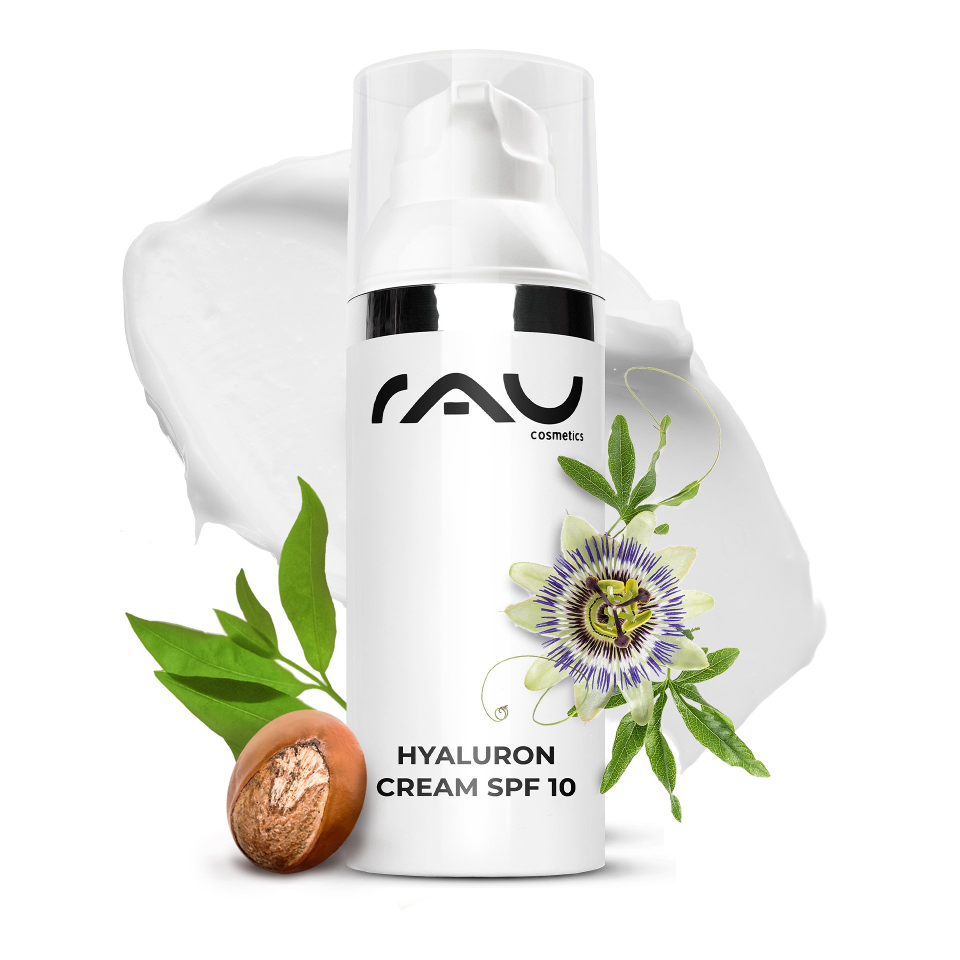 RAU Hyaluron Cream SPF 10 - Tagescreme im eleganten Tiegel vor einem botanischen Hintergrund mit Kräutern und Wirkstoff-Pflanzen.