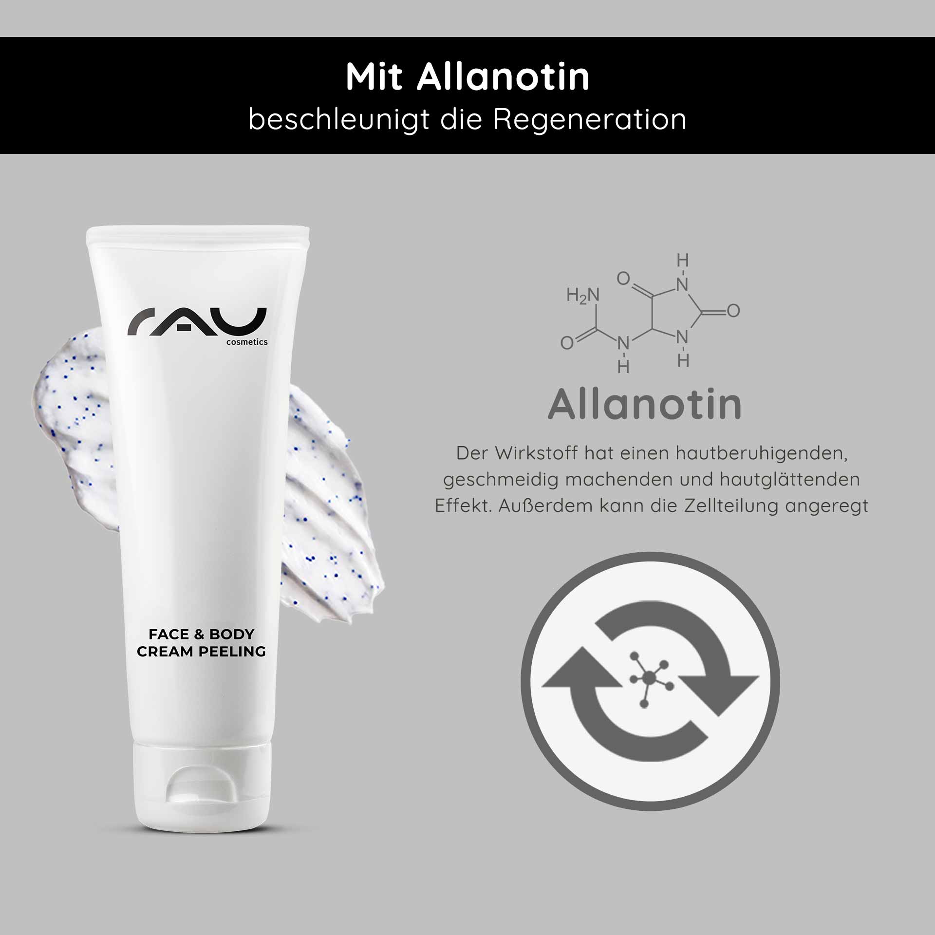 Face & Body Cream Peeling | RAU Cosmetics RAU Cosmetics Face & Body Cream Peeling-Tube mit cremiger Textur und Peelingpartikeln, mit Allantoin zur Hautregeneration und beruhigenden Wirkung, vor grauem Hintergrund mit Grafik der Molekülstruktur.