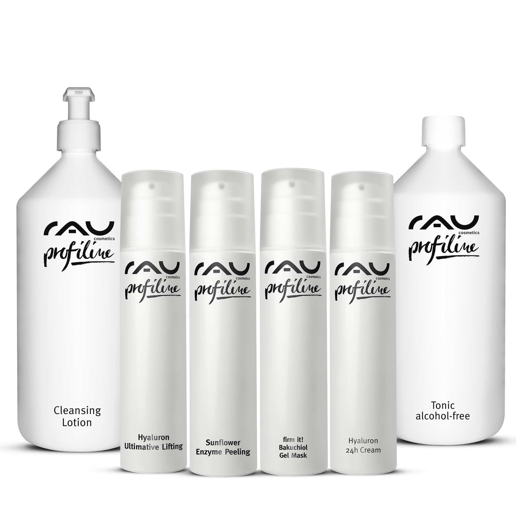 RAU Cosmetics Moisture Starter Set mit Reinigungslotion, Hyaluron Ultimative Lifting, Sonnenblumen-Enzym-Peeling, Bakuchiol-Gelmaske und Hyaluron 24h-Creme, entwickelt für Hautpflegeprofis und die Behandlung trockener Haut.