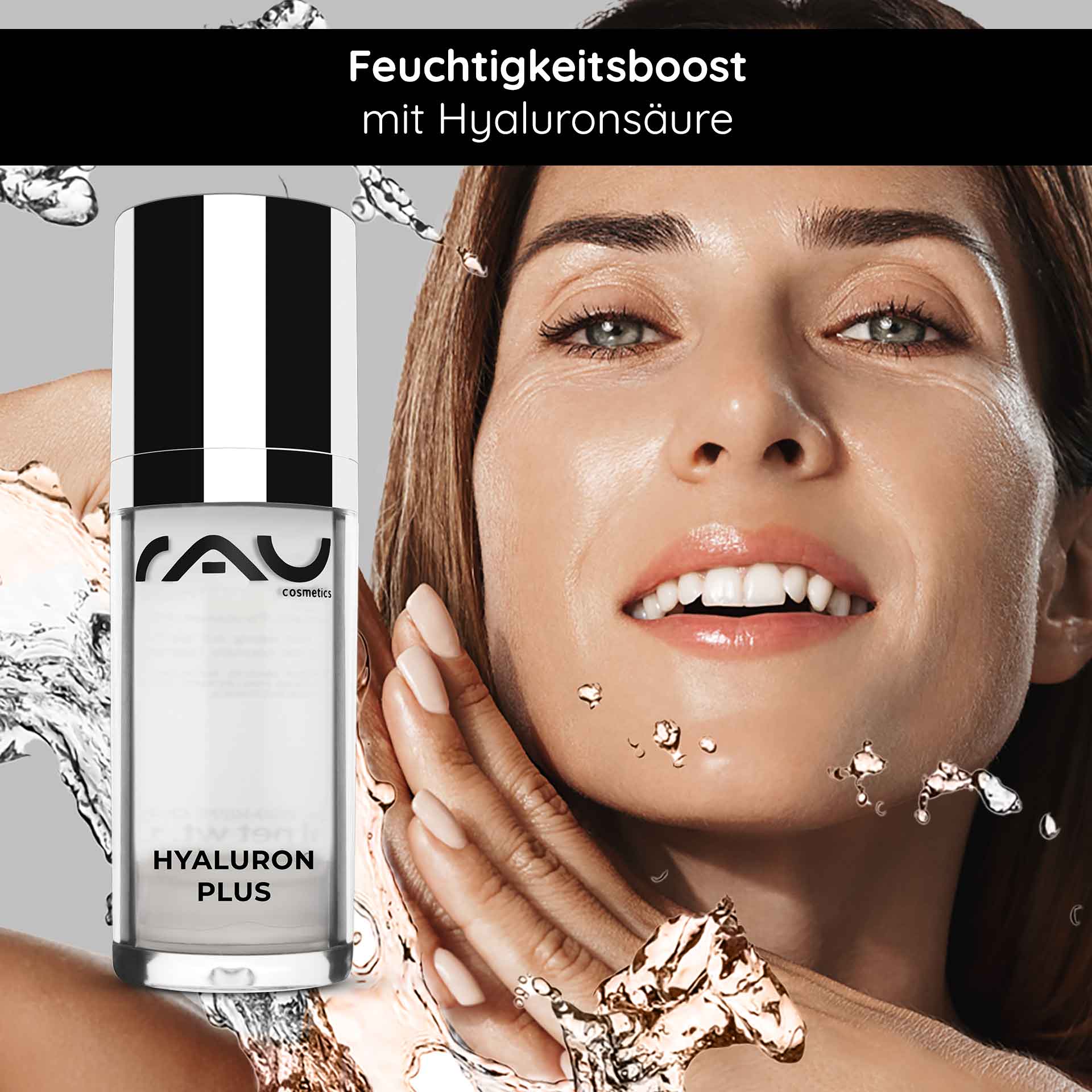 Hyaluron Plus 30 ml Sofortlifting Gel RAU Cosmetics Hyaluron Plus 30 ml – Gesichtsserum mit hoch- und niedermolekularer Hyaluronsäure für intensive Feuchtigkeit und Soforteffekt. Abbildung des Produkts in einem eleganten Airless-Spender mit transparentem Gel.