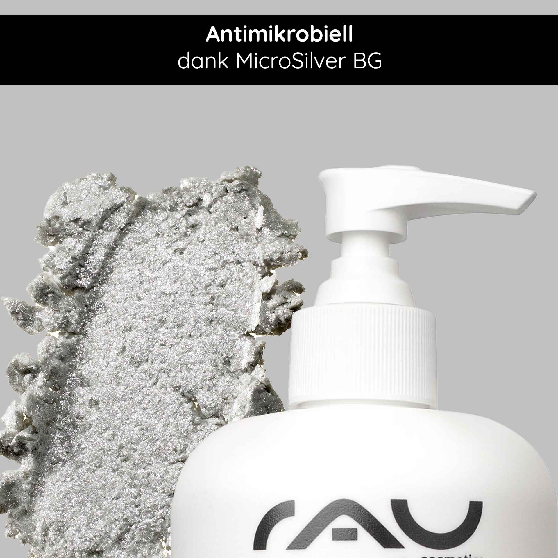 Silver Hand & Foot Care 500 ml for hand & foot cream RAU Cosmetics Silver Hand & Foot Care Creme mit antimikrobiellem MicroSilver, mit metallischer Cremetextur und Pumpspender.