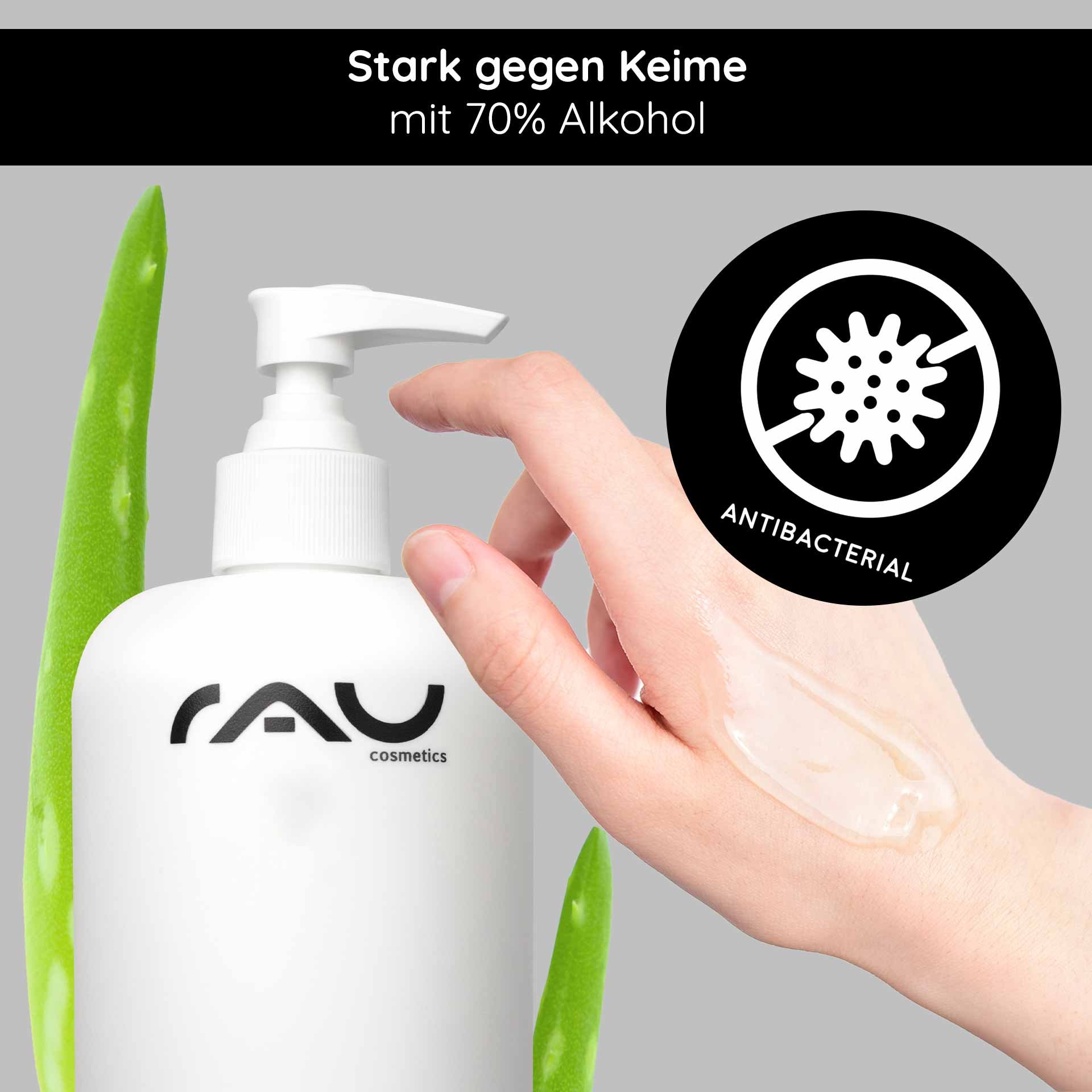 RAU Hand Care Reinigungsgel mit 70 % Alkohol, Aloe Vera und einer Hand, die das Gel aufträgt, wobei die antibakteriellen Eigenschaften und die Hautpflege im Vordergrund stehen.