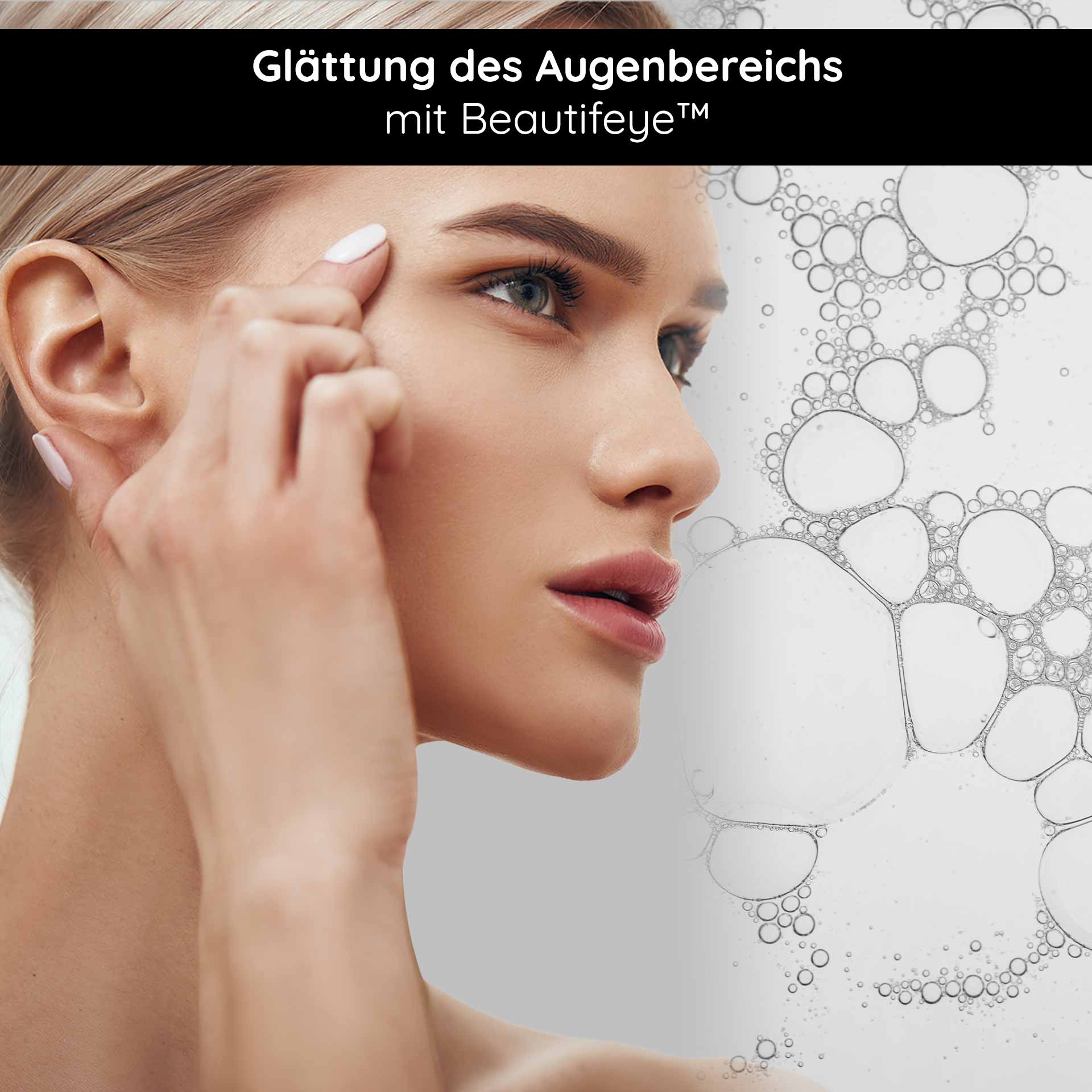 Eye Lifting Ampullen 10x2 ml mit Eyeseryl & Panthenol Frau mit glatter Haut im Augenbereich, zeigt Anwendung von Beautifeye™ zur Reduzierung von Augenfältchen, Tränensäcken und Augenringen.