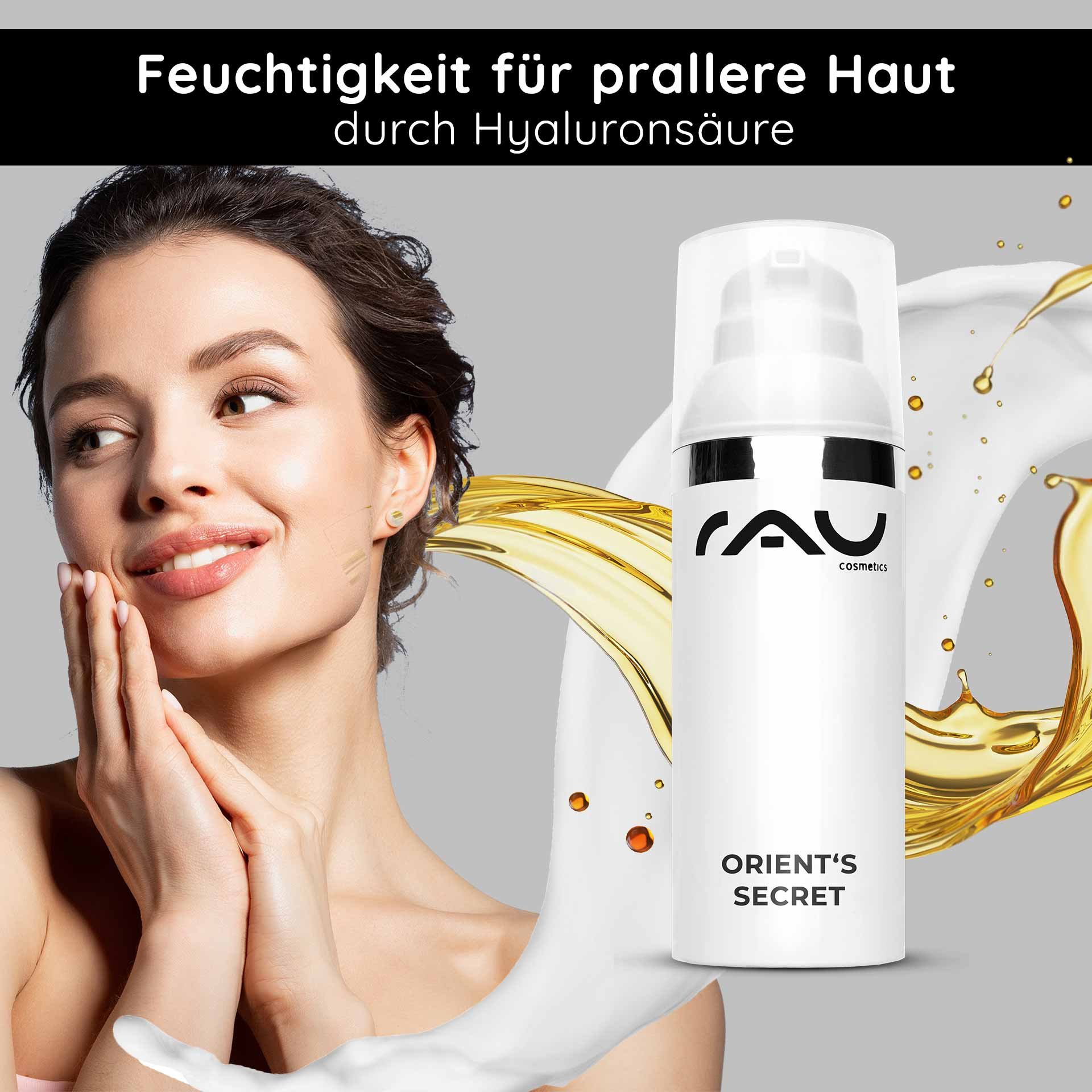 Feuchtigkeitsspendende Gesichtscreme Orient's Secret von RAU Cosmetics, mit Hyaluronsäure, goldener Ölfluss, Model berührt sanft ihr Gesicht, für pralle und geschmeidige Haut.
