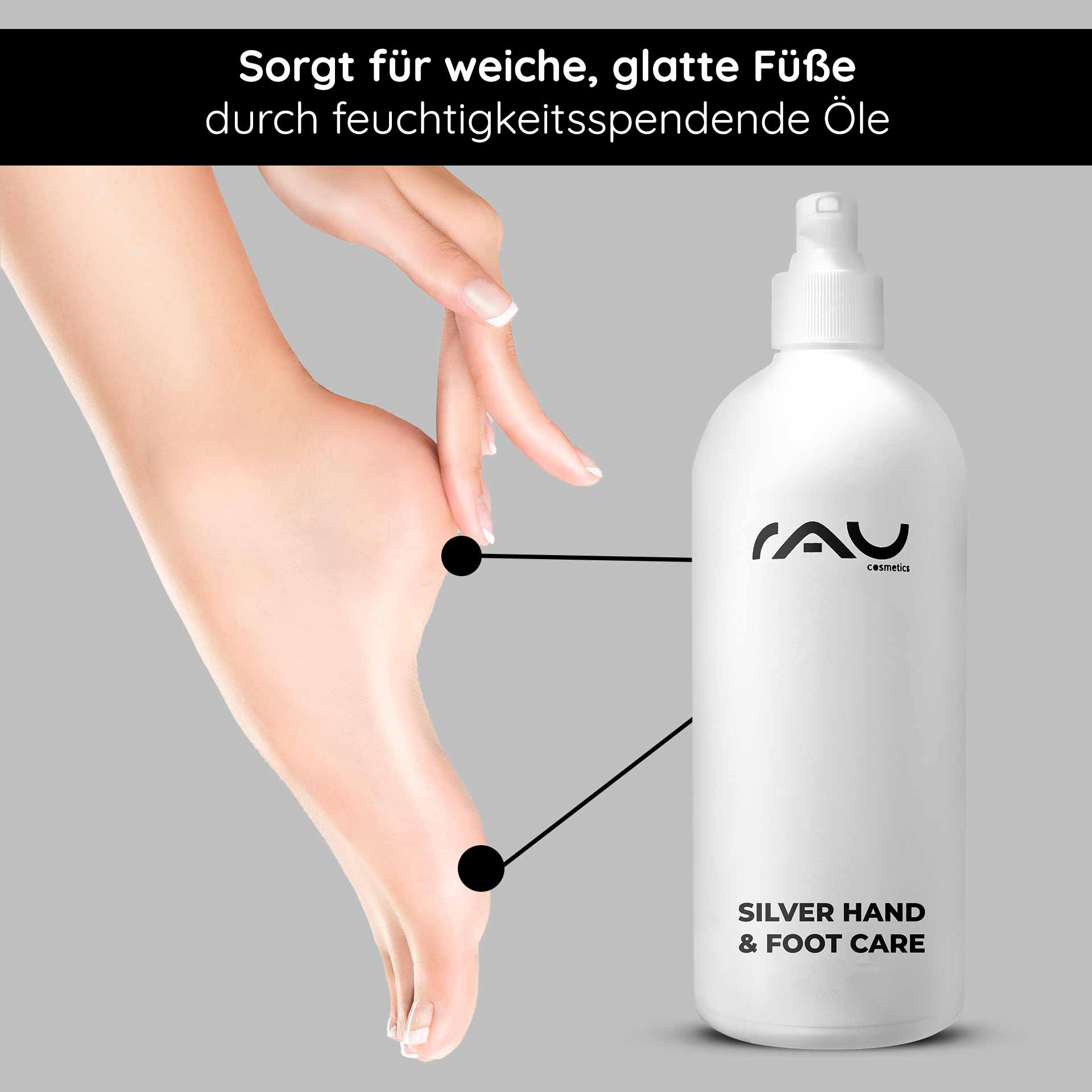 Silver Hand & Foot Care 500 ml for hand & foot cream Händchen hält Fuß mit glatter Haut neben RAU Cosmetics Silver Hand & Foot Care Flasche, betont feuchtigkeitsspendende Öle für weiche Füße.