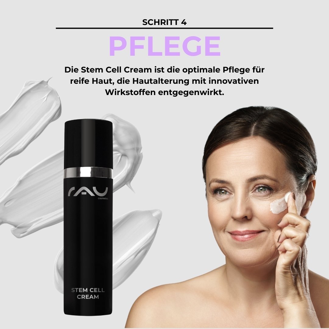 Frau mit reifer Haut trägt RAU Stem Cell Cream, um Hautalterung entgegenzuwirken, umgeben von cremigen Texturen.
