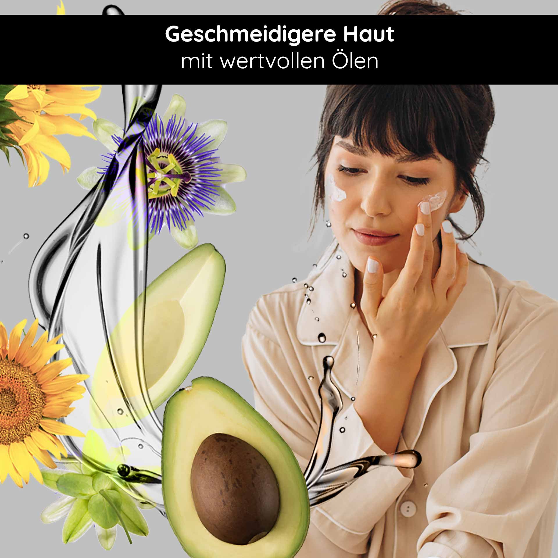 Natürliche Pflege: Illustration der Inhaltsstoffe wie Avocado und pflanzliche Öle, die die Haut intensiv mit Feuchtigkeit versorgen.