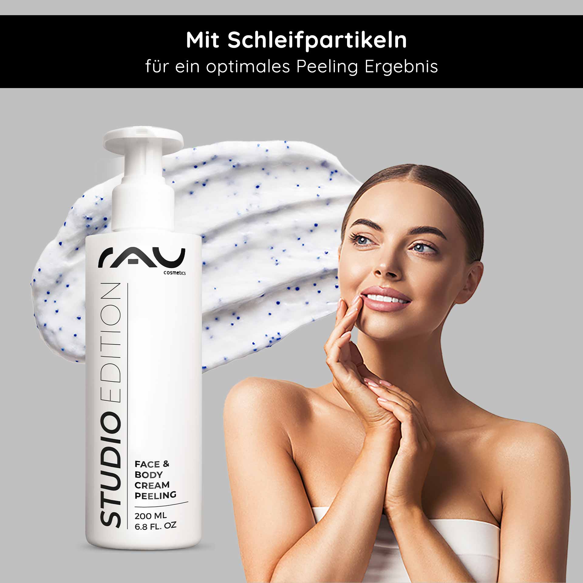 Face & Body Cream Peeling 200 ml Mechanisches Peeling RAU Cosmetics Studio Edition Face & Body Cream Peeling 200 ml Kabinenware – mechanisches Gesicht- und Körperpeeling mit natürlichen Schleifpartikeln, Lecithin, Mandelöl, Allantoin und Panthenol für geschmeidige Haut“