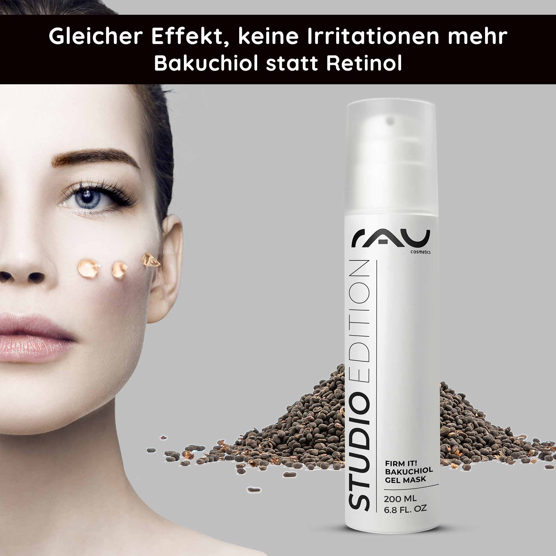 Firm it! Bakuchiol Gel Mask 200 ml Anti Aging & Feuchtigkeit Frau mit Bakuchiol Gel Maske auf der Wange, RAU Cosmetics Produktverpackung und Bakuchiol-Samen im Hintergrund, Anti-Aging und Feuchtigkeitspflege.