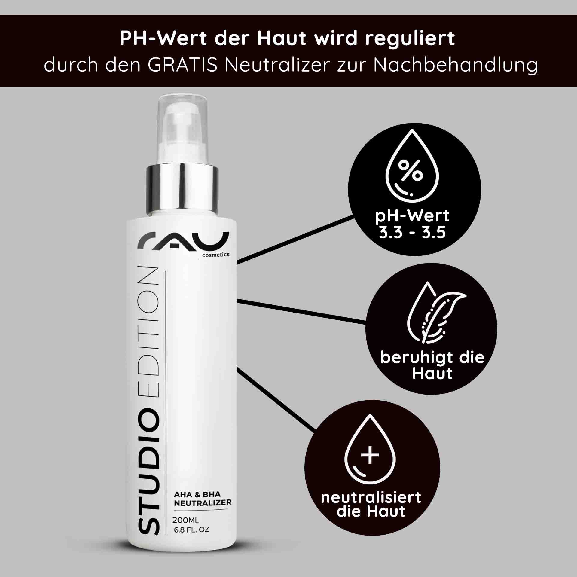 RAU Cosmetics AHA & BHA Neutralizer-Flasche, 200 ml, mit Schwerpunkt auf pH-Regulierung, hautberuhigenden und neutralisierenden Eigenschaften, mit Markenlogo und Produktdetails.