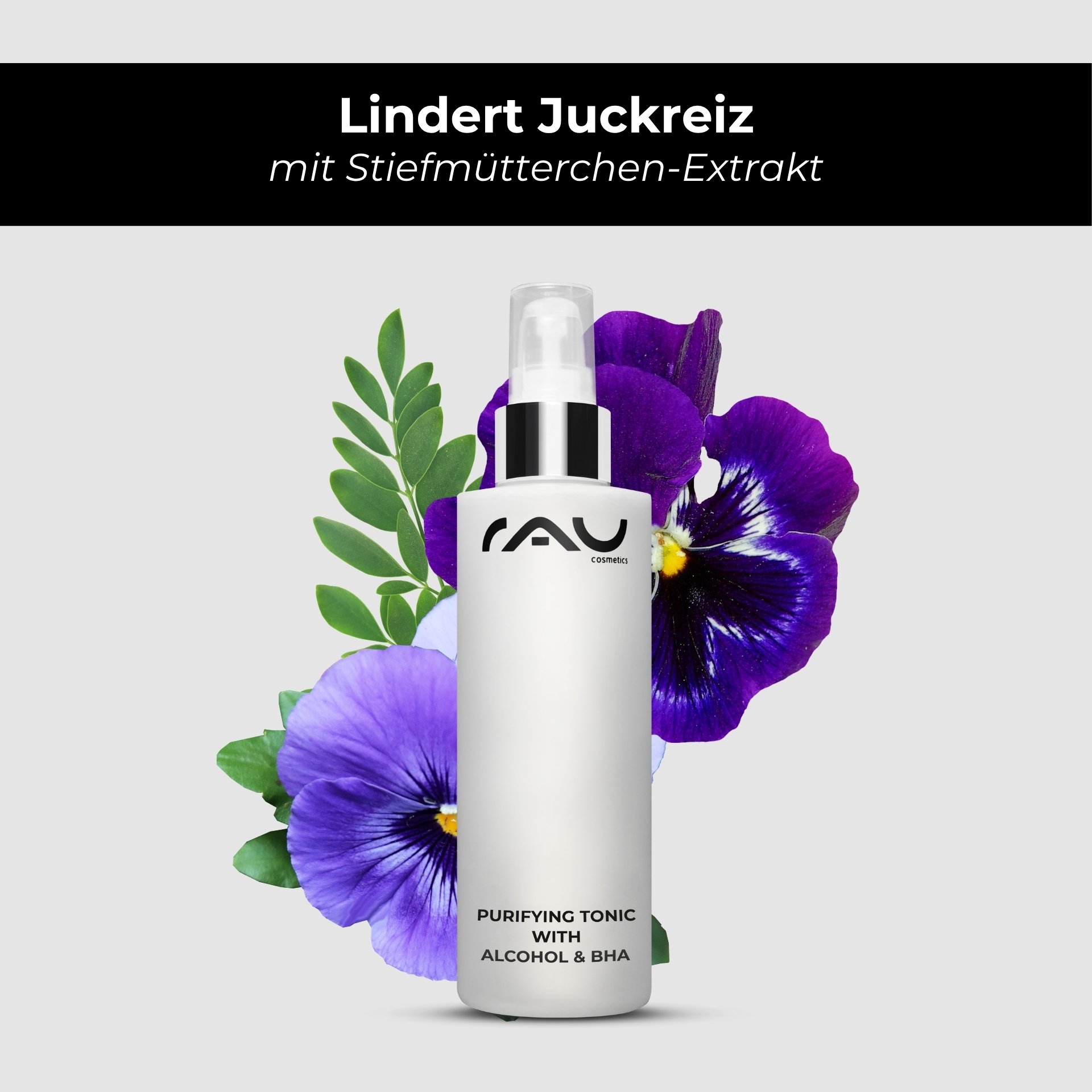 Ästhetische Darstellung der Purifying Tonic Flasche umgeben von Kräutern.
