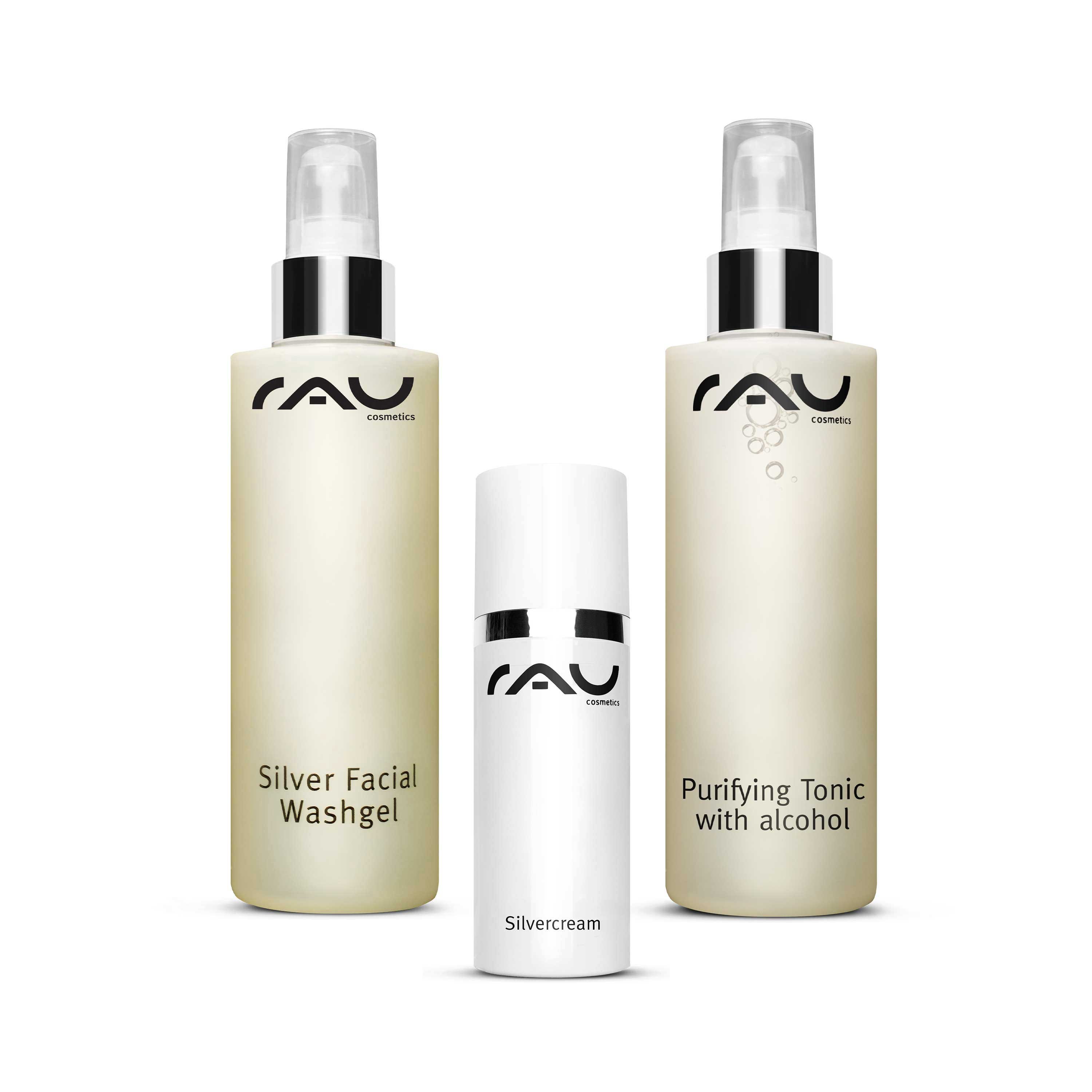 RAU Cosmetics Hautpflegeset mit Silver Facial Washgel, Purifying Tonic mit Alkohol und Silvercream für die Pflege unreiner Haut.