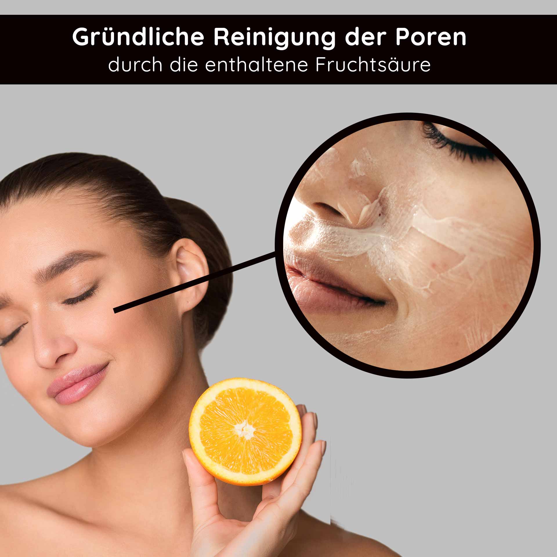 Cleansing Lotion 200 ml - gründliche Reinigungslotion Frau mit frischer Haut und einer Orange, zeigt Gesichtsreinigung mit Fruchtsäure, unterstrichen durch den Text „Gründliche Reinigung der Poren durch die enthaltene Fruchtsäure“.
