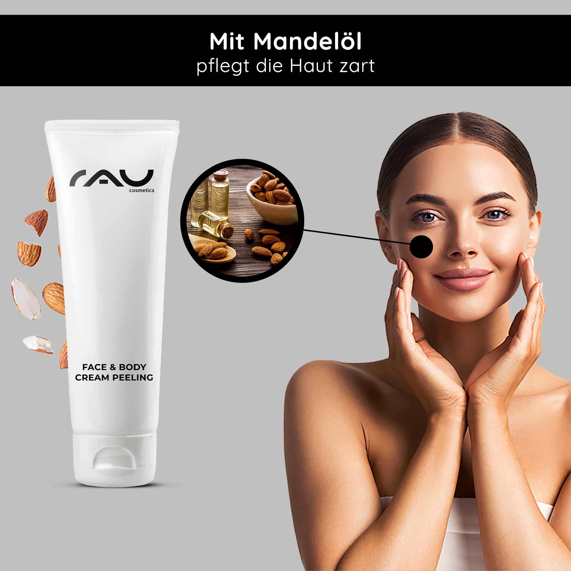 Face & Body Cream Peeling | RAU Cosmetics RAU Cosmetics Gesichts- und Körpercreme-Peelingtube mit Mandelöl, Frau trägt Produkt auf ihr Gesicht auf, Hautpflegefokus, sanfte Peeling-Vorteile.