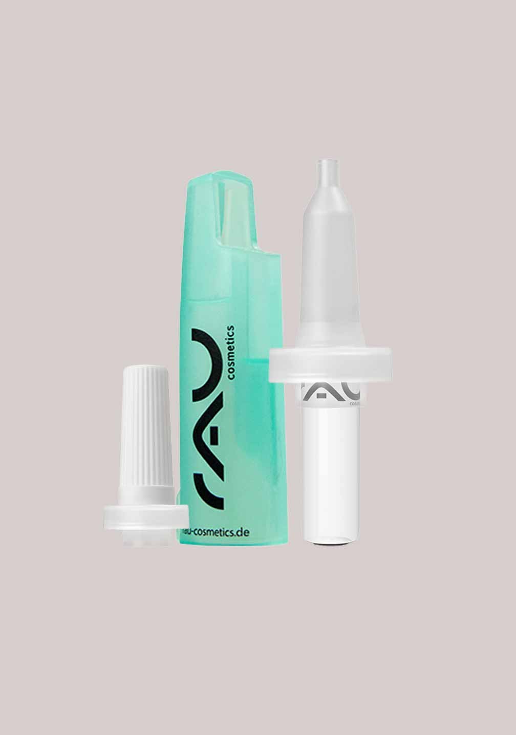 Turquoise Kunststoffflasche mit weißem Applikator für RAU Cosmetics Ampullenöffner & Applikator Set.