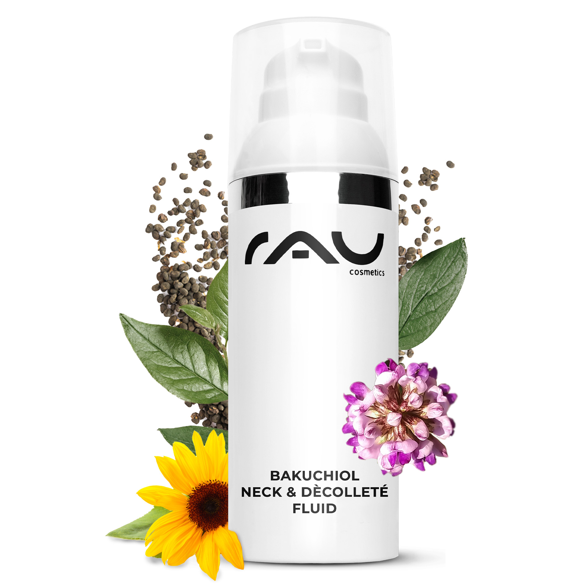 Bakuchiol Neck- & Dekolletee  Fluid 50 ml Gel bei Halsfalten Kräuterig, Pflanze, Blume, Flasche, Shaker