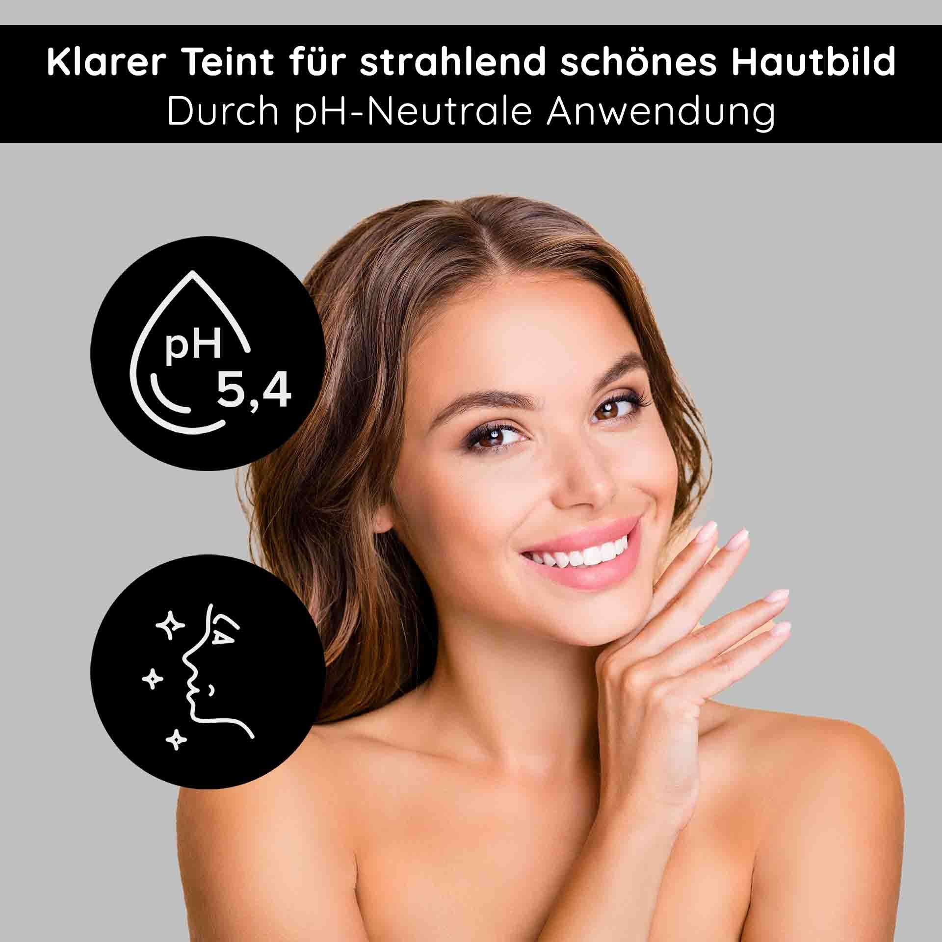 Woman with a radiant complexion and pH value 5.4, smiling, showing skincare benefits for sensitive skin.