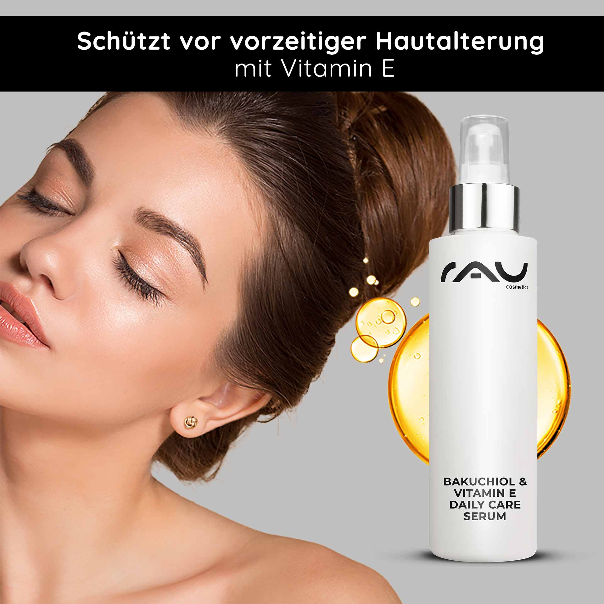 Bakuchiol & Vitamin E Daily Care Serum 100 ml Anti-Aging RAU Cosmetics Bakuchiol & Vitamin E Daily Care Serum – Produktabbildung des Anti-Aging-Serums in einem eleganten Airless-Spender mit sichtbarem Etikett und transparentem Hintergrund.