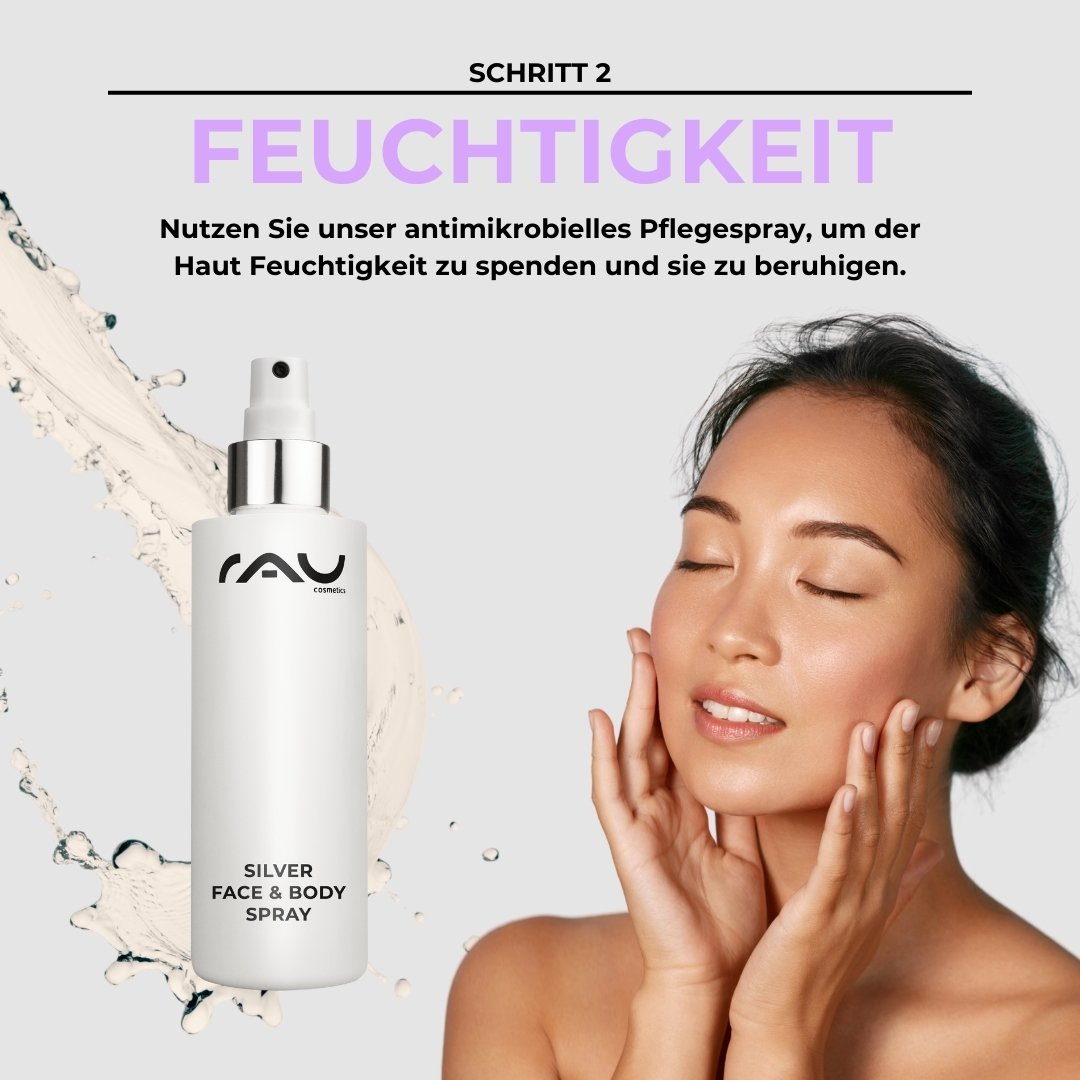 RAU Cosmetics Silver Face & Body Spray zur Befeuchtung und Beruhigung der Haut, Frau trägt das Produkt mit geschlossenen Augen auf, Schritt 2 der Hautpflegeroutine bei Neurodermitis.