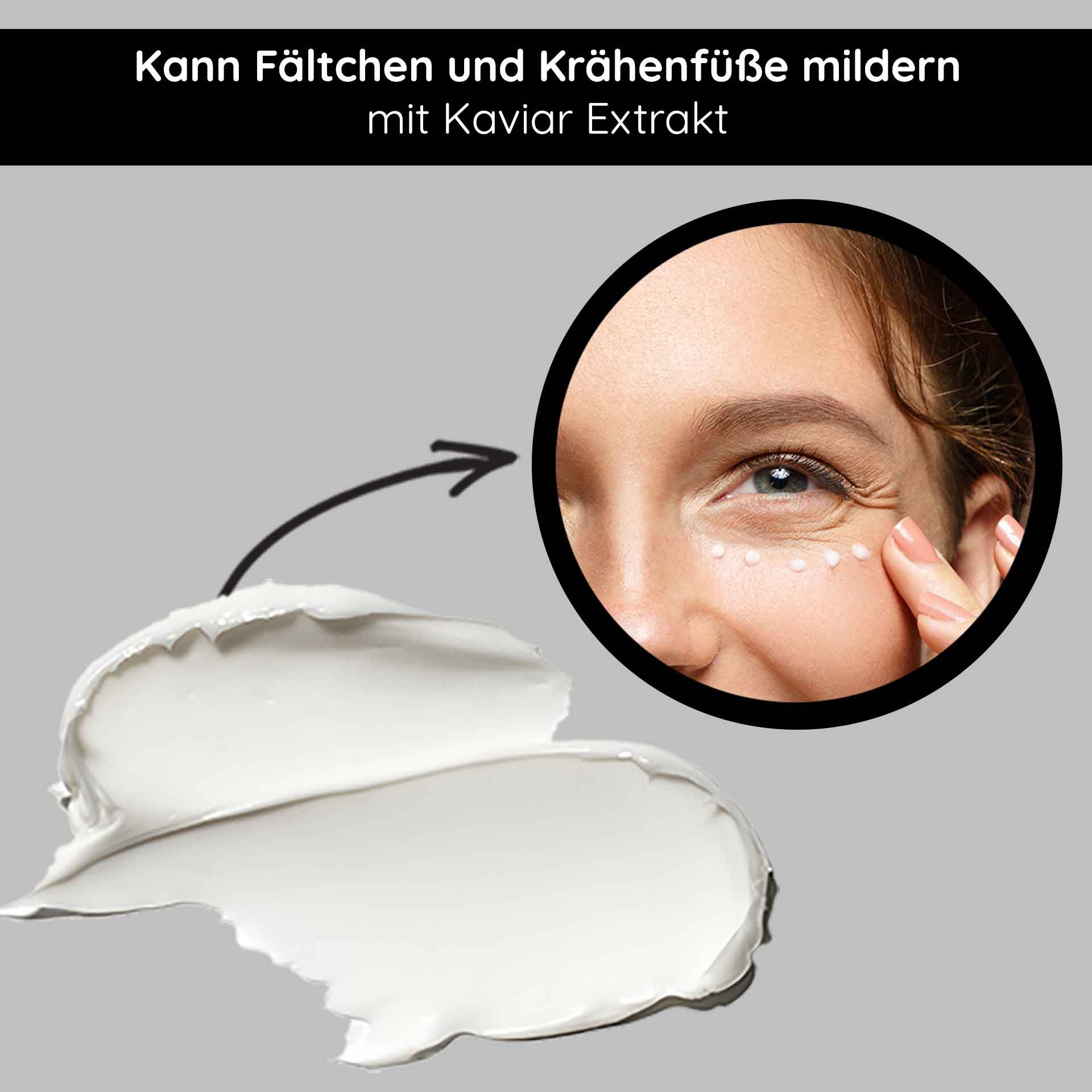 Kaviar Augencreme mit Anti-Aging Effekt, Anwendung auf der Augenpartie zur Minderung von Fältchen und Krähenfüßen, feuchtigkeitsspendende Textur.