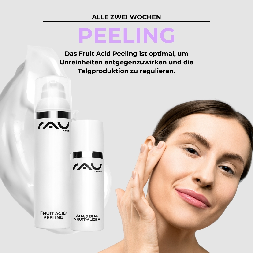 Professional care routine for impure oily skin Professionelle Hautpflegeprodukte von RAU Cosmetics für unreine fettige Haut, einschließlich Fruchtsäurepeeling und AHA & BHA Neutralisierer, mit einer Person, die sanft ihr Gesicht berührt.