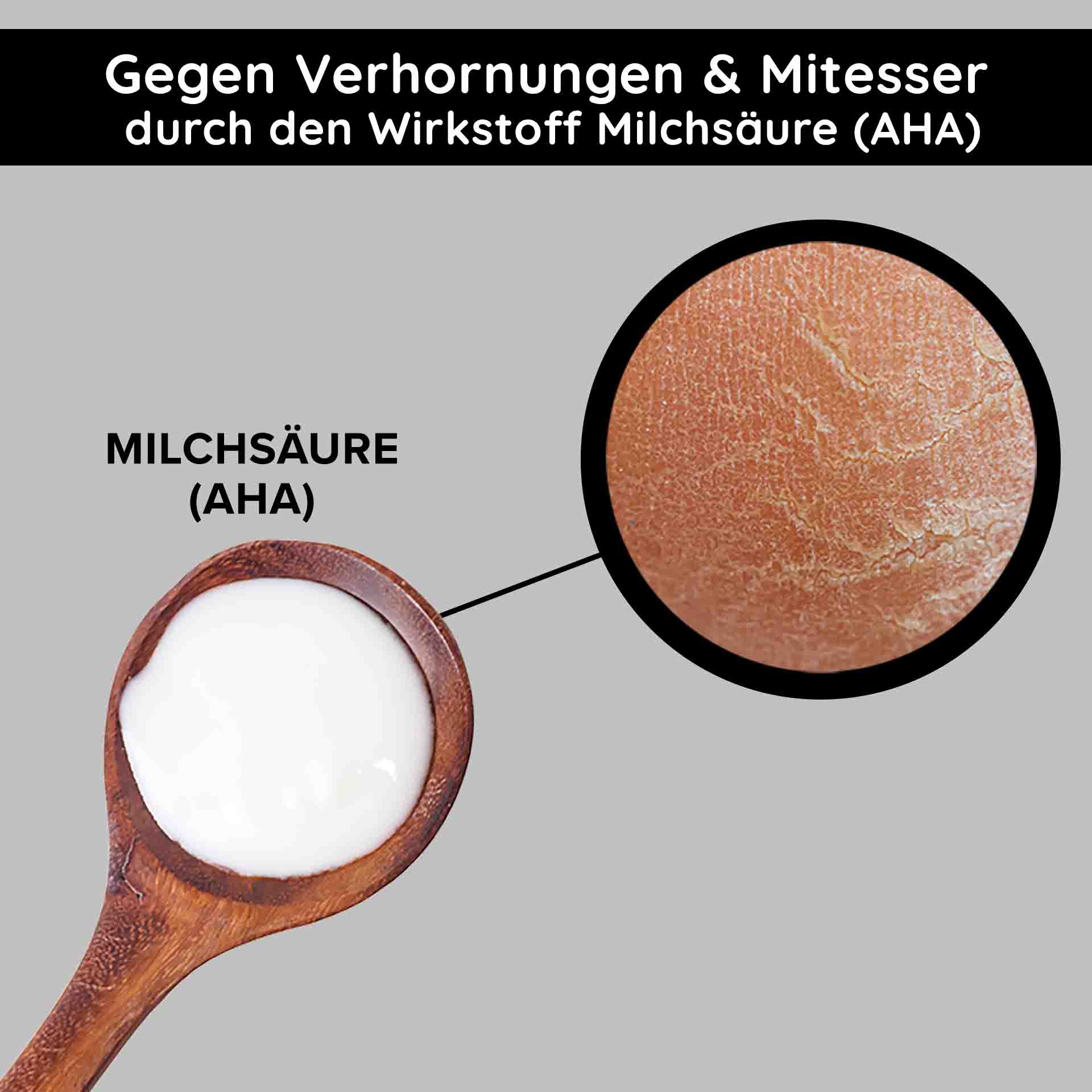 RAU O2 Moist Fluid 50 ml - leichte Tagescreme bei fahlem Teint Milchsaüre (AHA) in Holzlöffel mit Nahaufnahme von Hauttextur, betont die Wirkung gegen Verhornungen und Mitesser für verbesserte Hautpflege.