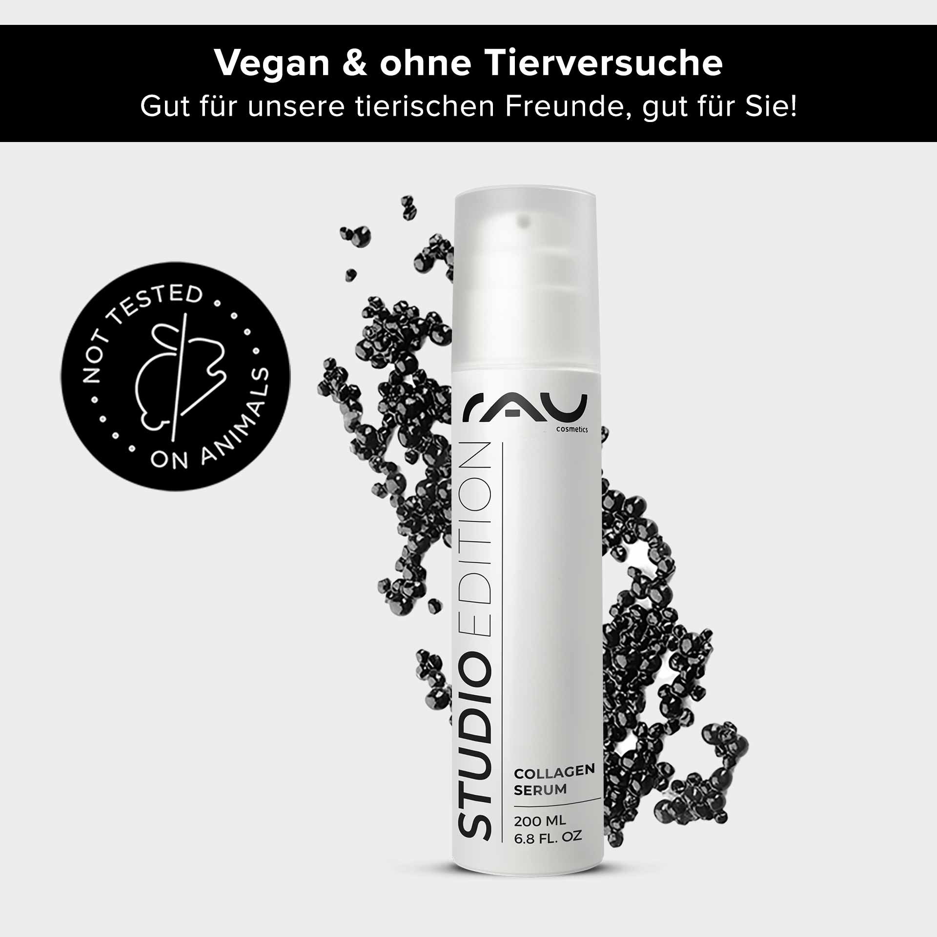 RAU Cosmetics Collagen Serum in einer 200-ml-Flasche mit veganem Etikett, schwarzen Blasen und dem Emblem „Nicht an Tieren getestet“, das die Vorteile für die Hautpflege hervorhebt.