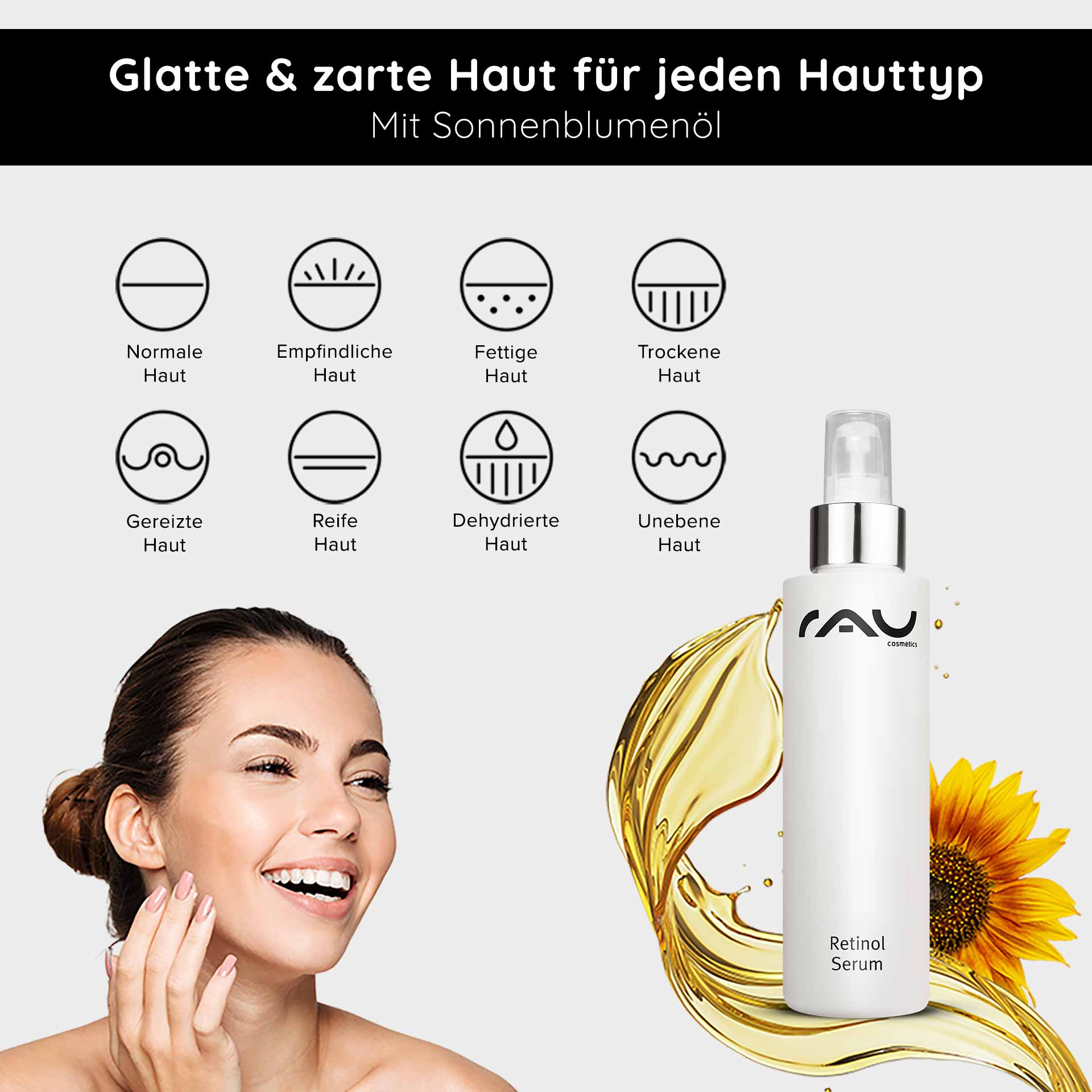 Retinol Serum 100 ml - Vitamin A Serum für trockene und reife Haut Retinol-Serum von RAU Cosmetics mit einer lächelnden Frau mit glatter Haut, das die Vorteile für verschiedene Hauttypen hervorhebt, mit Sonnenblumenöl und Anti-Aging-Eigenschaften.