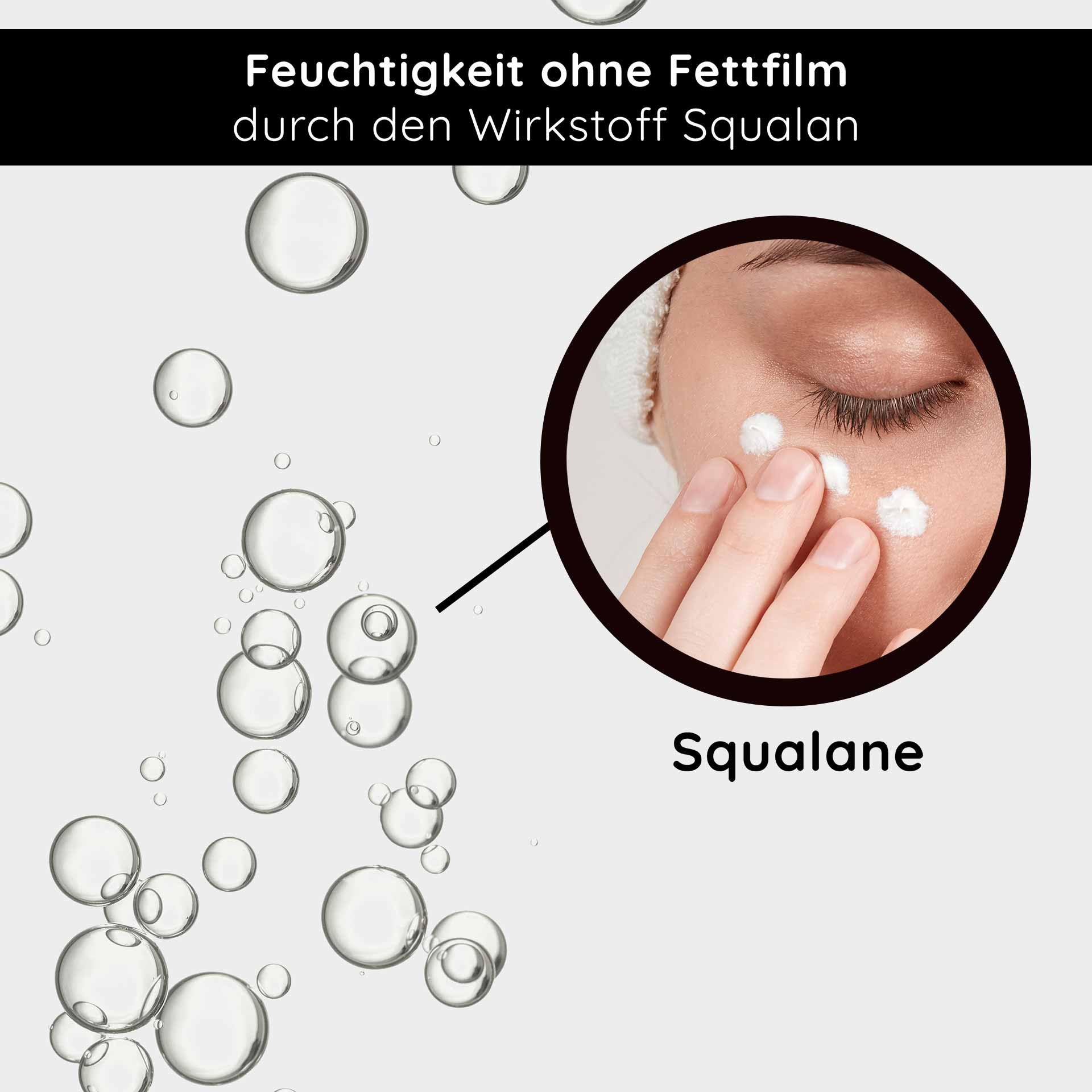 Moisture without a greasy film through squalane, person applying cream to the face, bubbles in the background, emphasizing moisturizing properties.