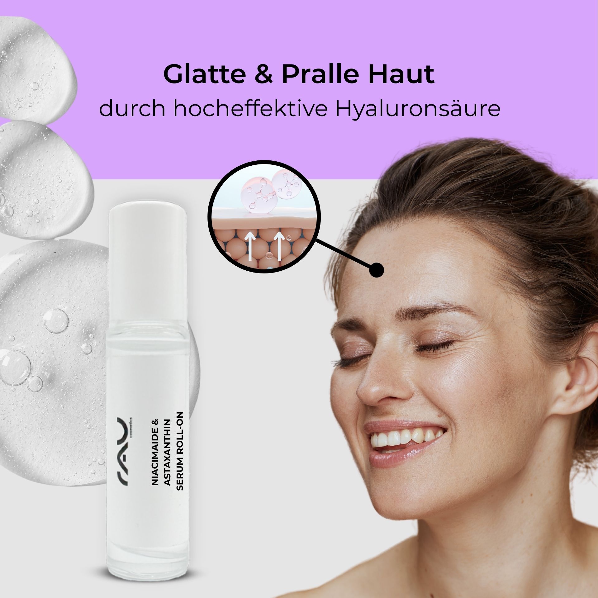 Niacinamide & Astaxanthin Serum Roll-On 10 ml Niacinamide & Astaxanthin Serum Roll-On von RAU Cosmetics, präsentiert die Vorteile für die Haut mit Hyaluronsäure und zeigt eine lächelnde Frau mit strahlender Haut und Feuchtigkeitsillustration.