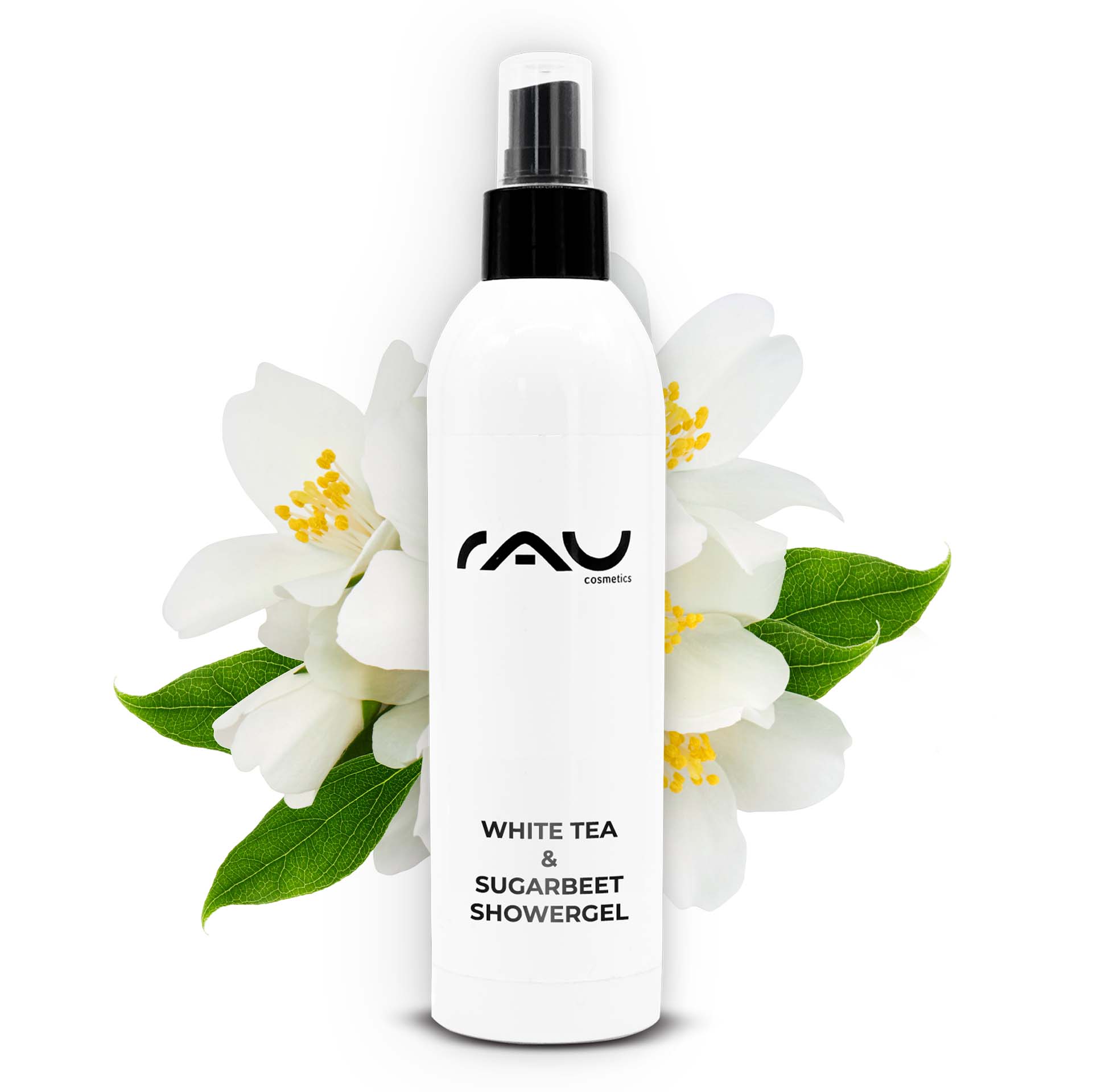 White Tea & Sugar Beet Showergel 250ml - Duschgel mit weißem Tee und Zuckerrüben Extrakt Duschgelflasche mit weißem Tee und Zuckerrüben und floralem Hintergrund, die eine sanfte Reinigung und Feuchtigkeitsversorgung für alle Hauttypen fördert, von RAU Cosmetics.