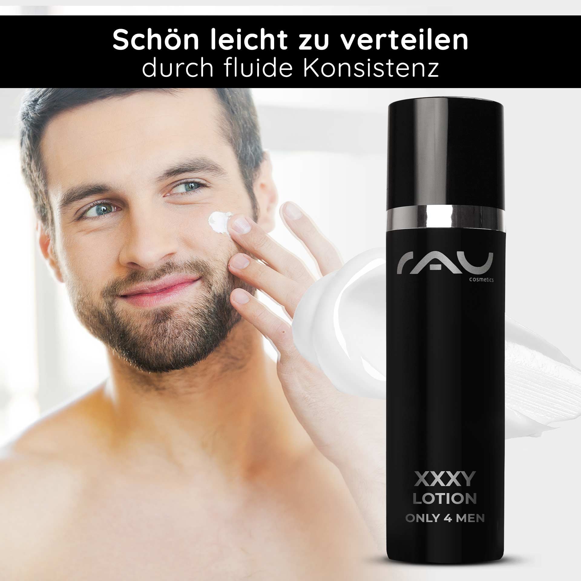 Frische nach der Rasur: Ein Mann trägt die XXXY Lotion auf, die mit Hyadisine Marine die Haut regeneriert und kühlt.